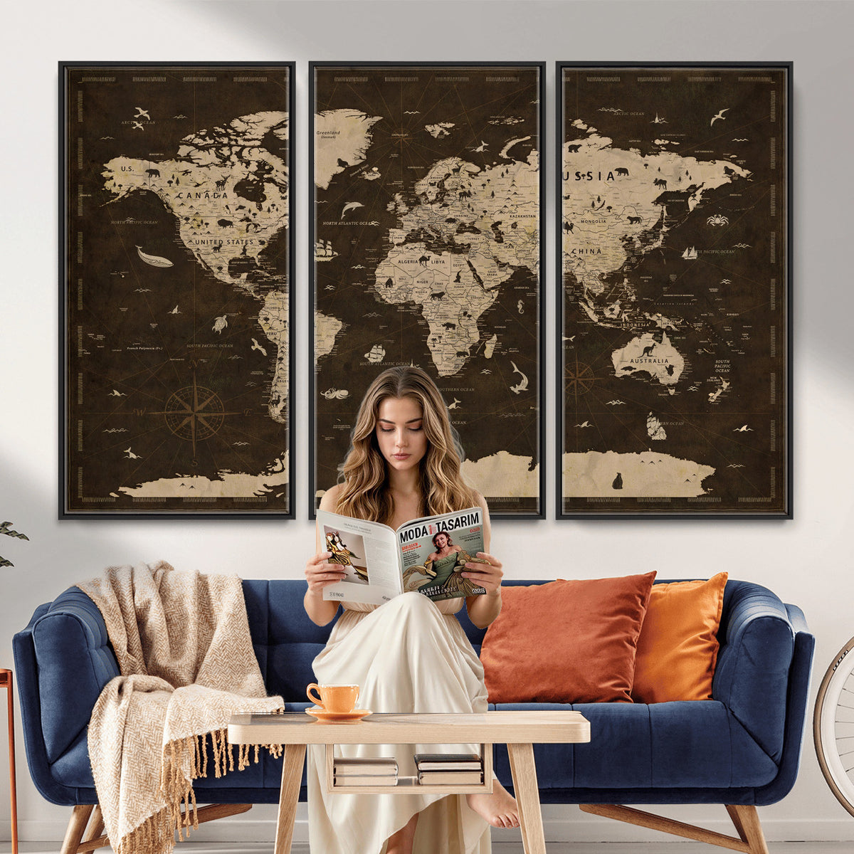 44276398-MGV-CV-36X24 - World Map Wall Art Canvas Print, Modern Decorative Framed Map Artwork Prints for Living Room, Office, Bedroom Wall Decor