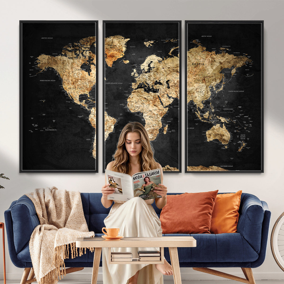23568589-MGV-CV-36X24 - World Map Wall Art Canvas Print, Modern Decorative Framed Map Artwork Prints for Living Room, Office, Bedroom Wall Decor