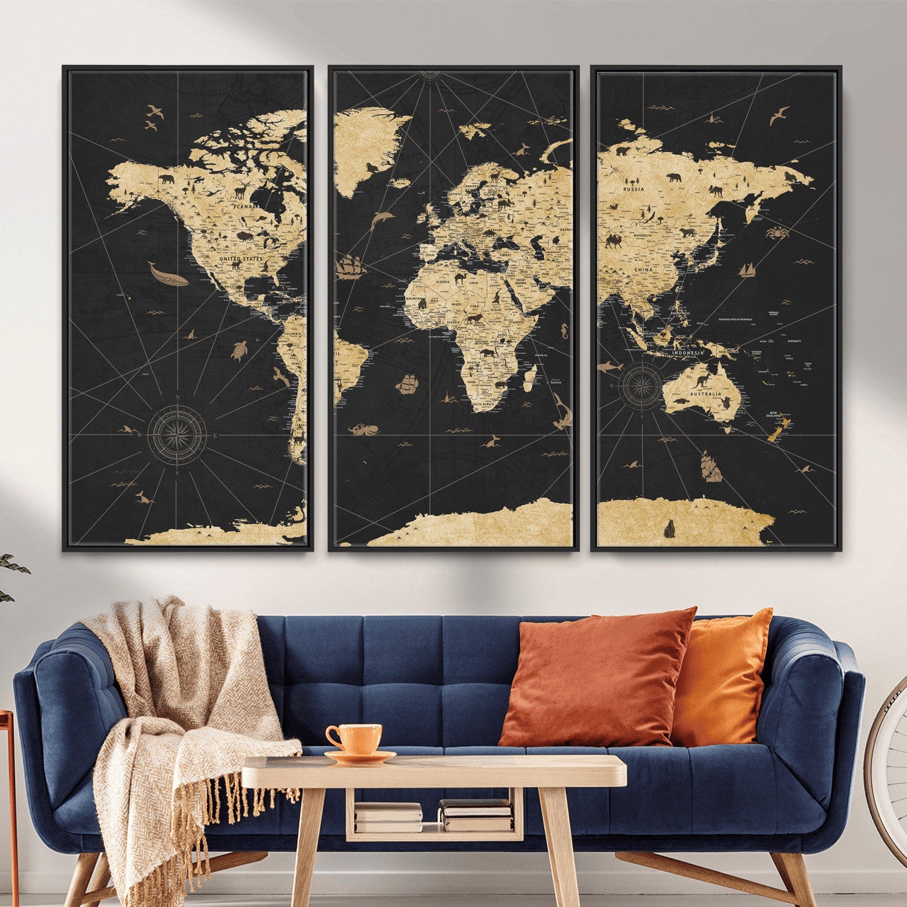 80270976-MGV-CV-36X24 - World Map Wall Art Canvas Print, Modern Decorative Framed Map Artwork Prints for Living Room, Office, Bedroom Wall Decor