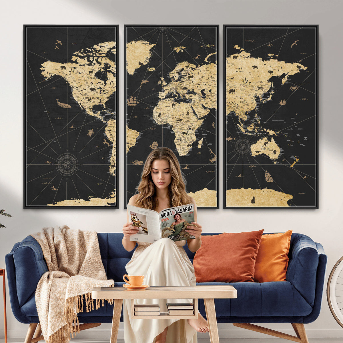 80270976-MGV-CV-36X24 - World Map Wall Art Canvas Print, Modern Decorative Framed Map Artwork Prints for Living Room, Office, Bedroom Wall Decor