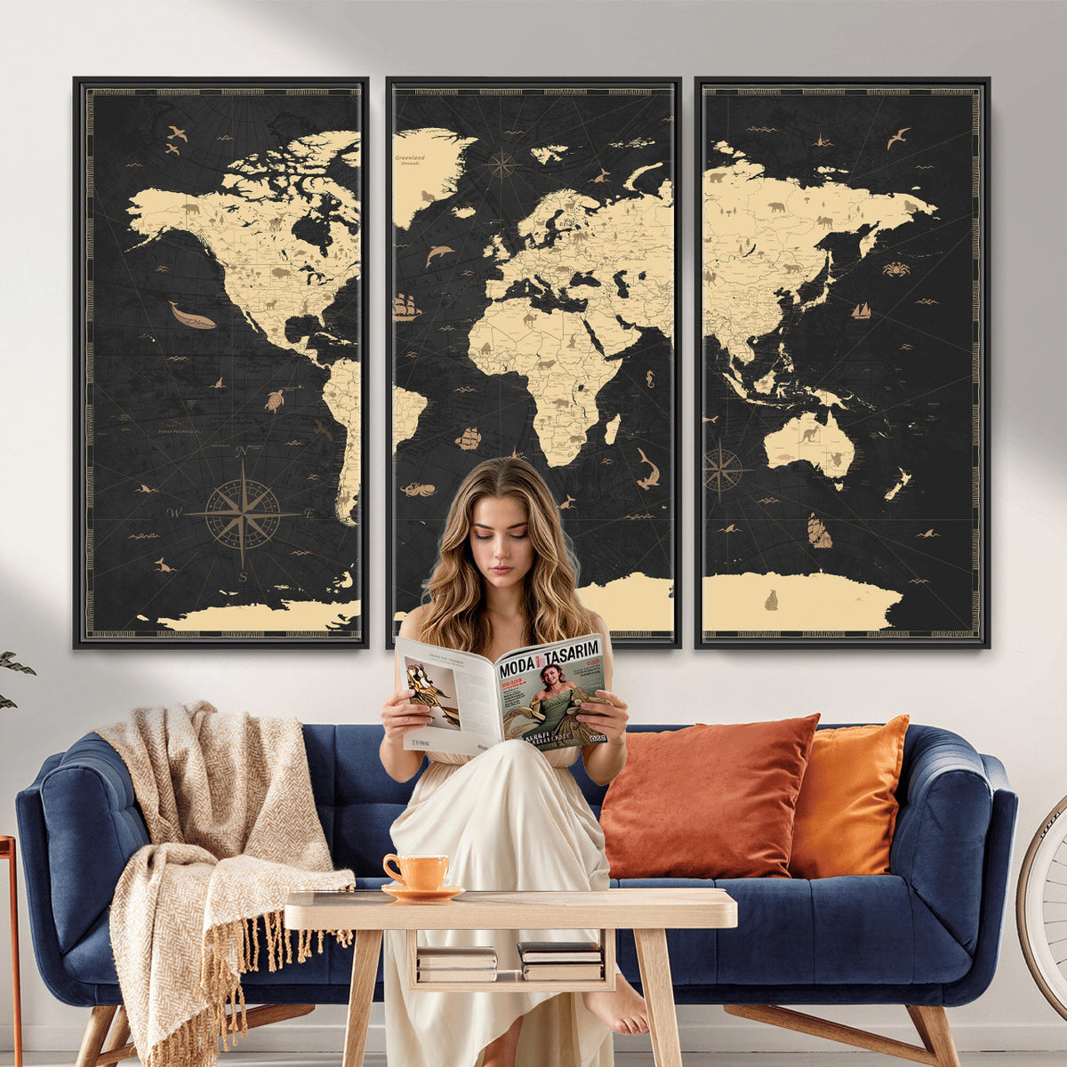 75220264-MGV-CV-36X24 - World Map Wall Art Canvas Print, Modern Decorative Framed Map Artwork Prints for Living Room, Office, Bedroom Wall Decor