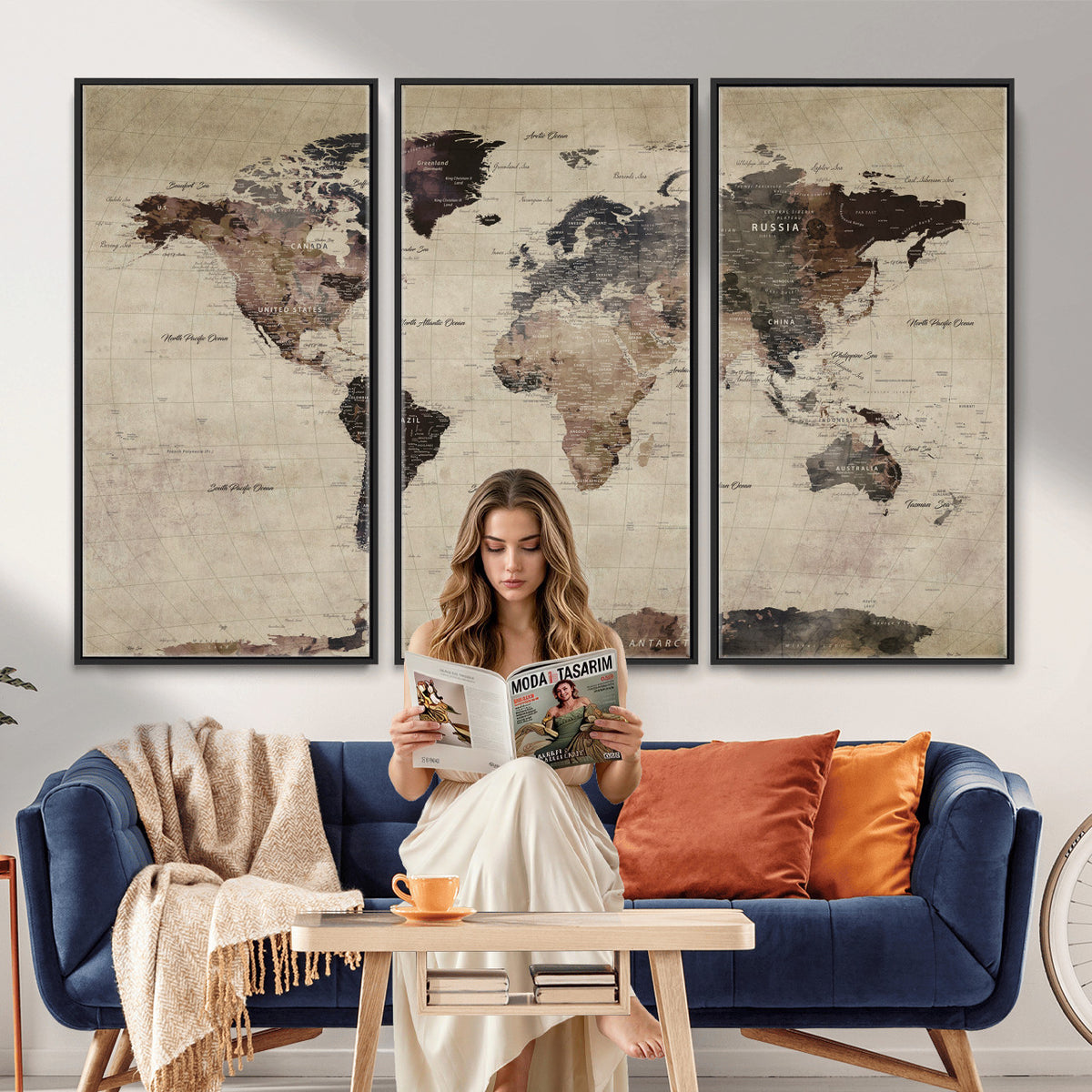60560672-MGV-CV-36X24 - World Map Wall Art Canvas Print, Modern Decorative Framed Map Artwork Prints for Living Room, Office, Bedroom Wall Decor
