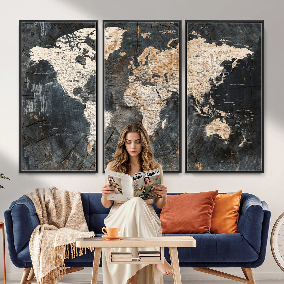 89162112-MGV-CV-36X24 - World Map Wall Art Canvas Print, Modern Decorative Framed Map Artwork Prints for Living Room, Office, Bedroom Wall Decor