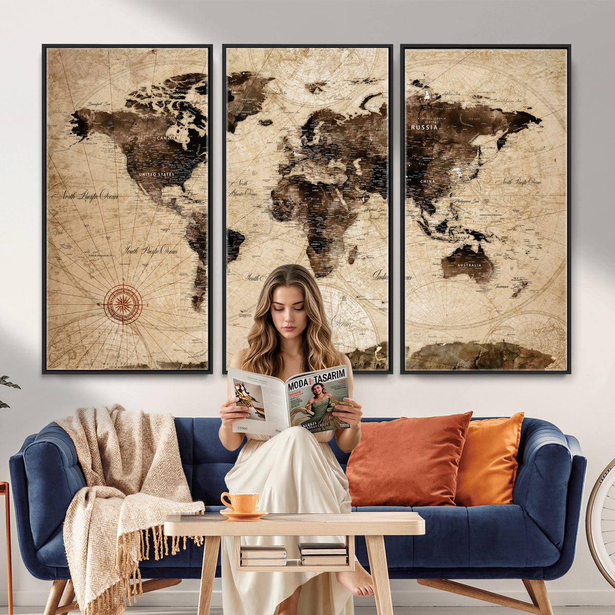 47657418-MGV-CV-36X24 - World Map Wall Art Canvas Print, Modern Decorative Framed Map Artwork Prints for Living Room, Office, Bedroom Wall Decor