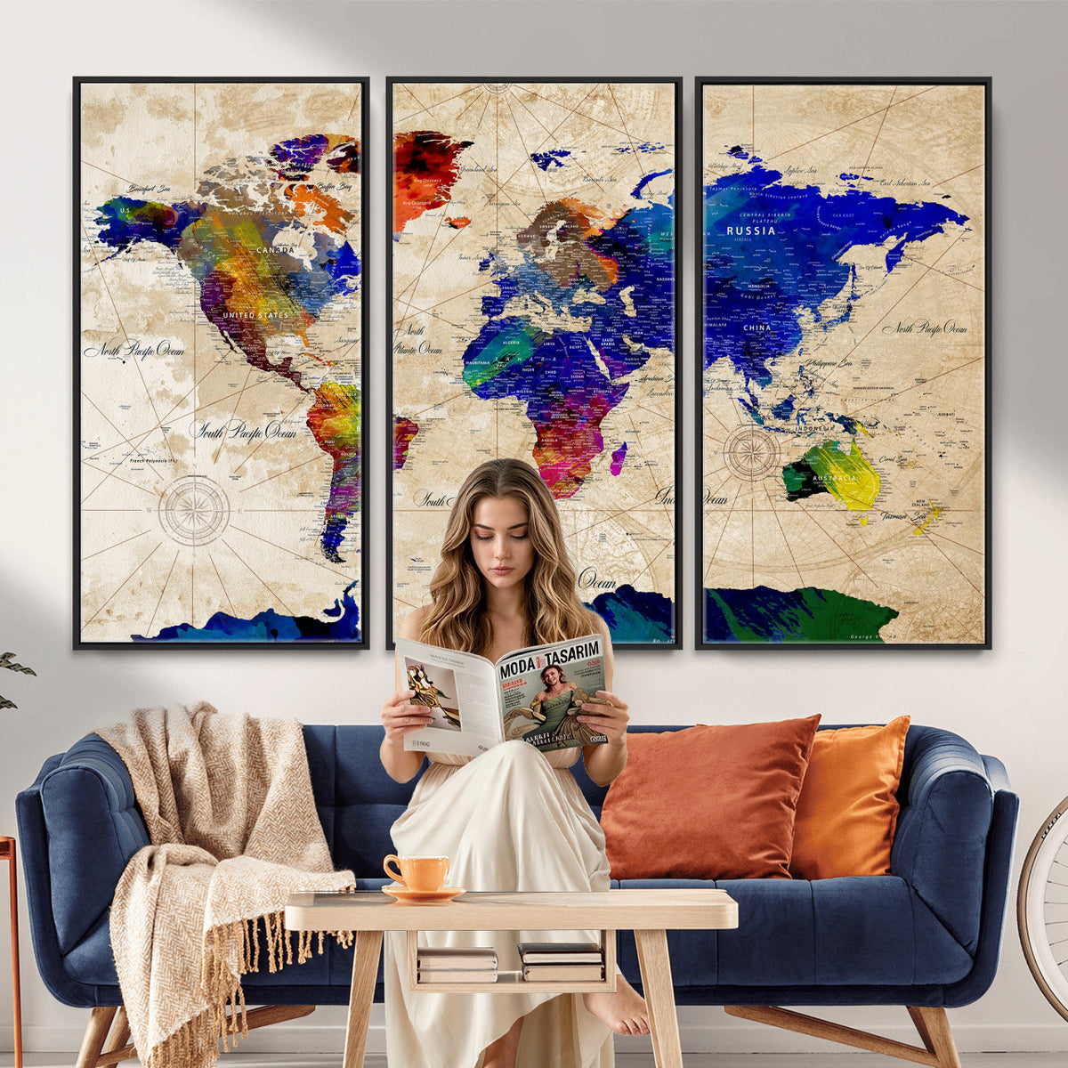 26284075-MGV-CV-36X24 - World Map Wall Art Canvas Print, Modern Decorative Framed Map Artwork Prints for Living Room, Office, Bedroom Wall Decor