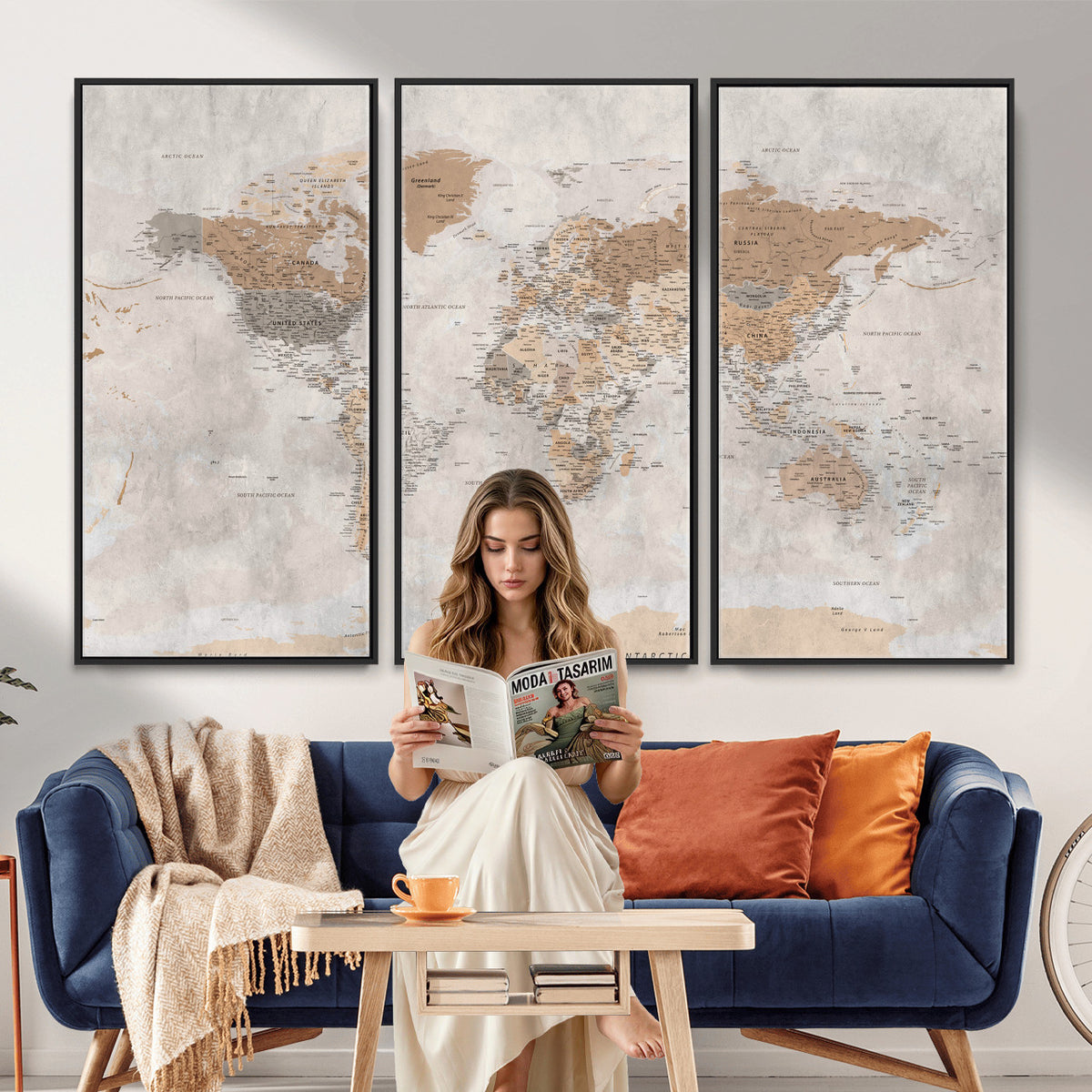 34051638-MGV-CV-36X24 - Detailed World Map Wall Art Canvas Print for Home and Office Decor