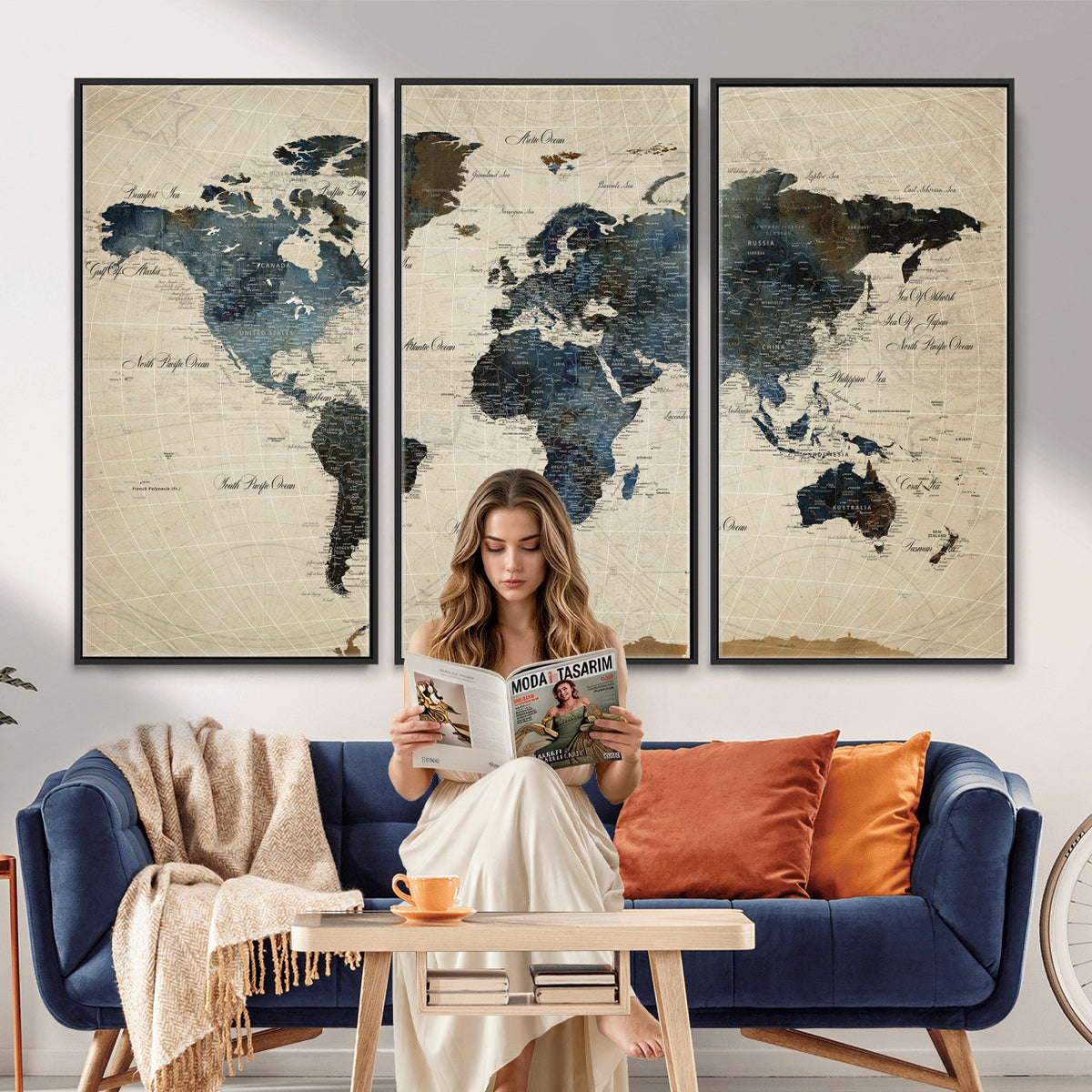 72927803-MGV-CV-36X24 - World Map Wall Art Canvas Print, Modern Decorative Framed Map Artwork Prints for Living Room, Office, Bedroom Wall Decor