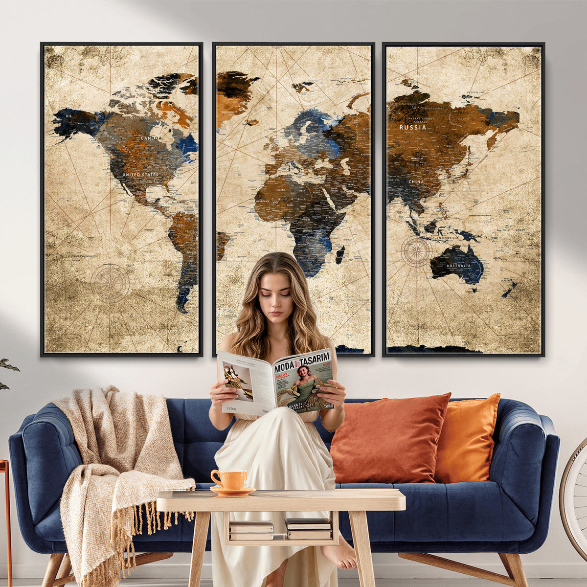 27163414-MGV-CV-36X24 - World Map Wall Art – Rustic Earth Tone Canvas Print, Antique