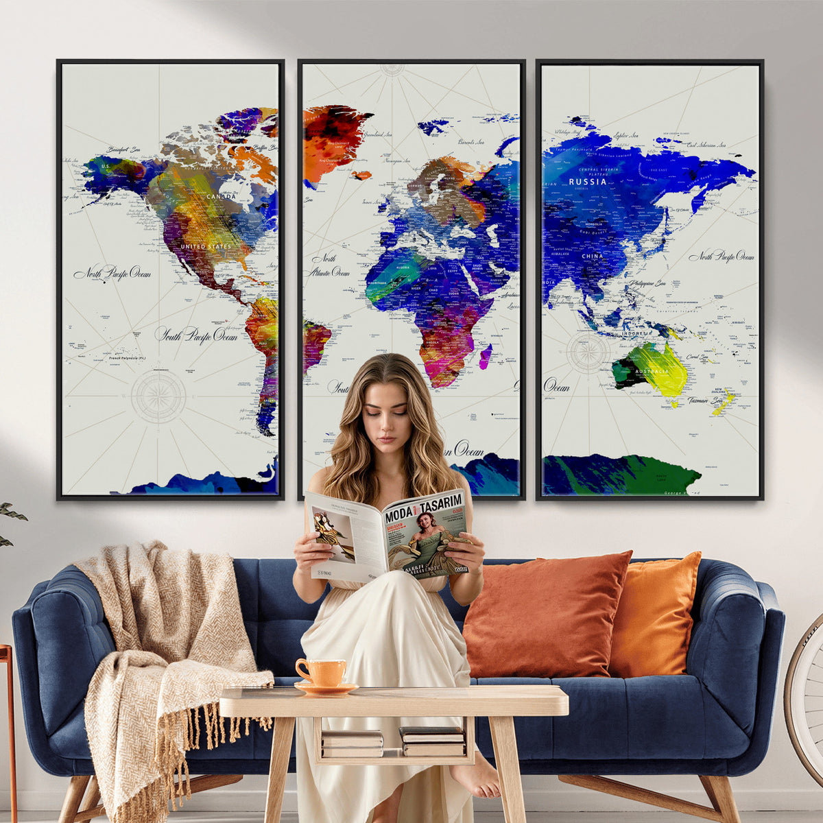 49670038-MGV-CV-36X24 - World Map Wall Art Canvas Print, Modern Decorative Framed Map Artwork Prints for Living Room, Office, Bedroom Wall Decor