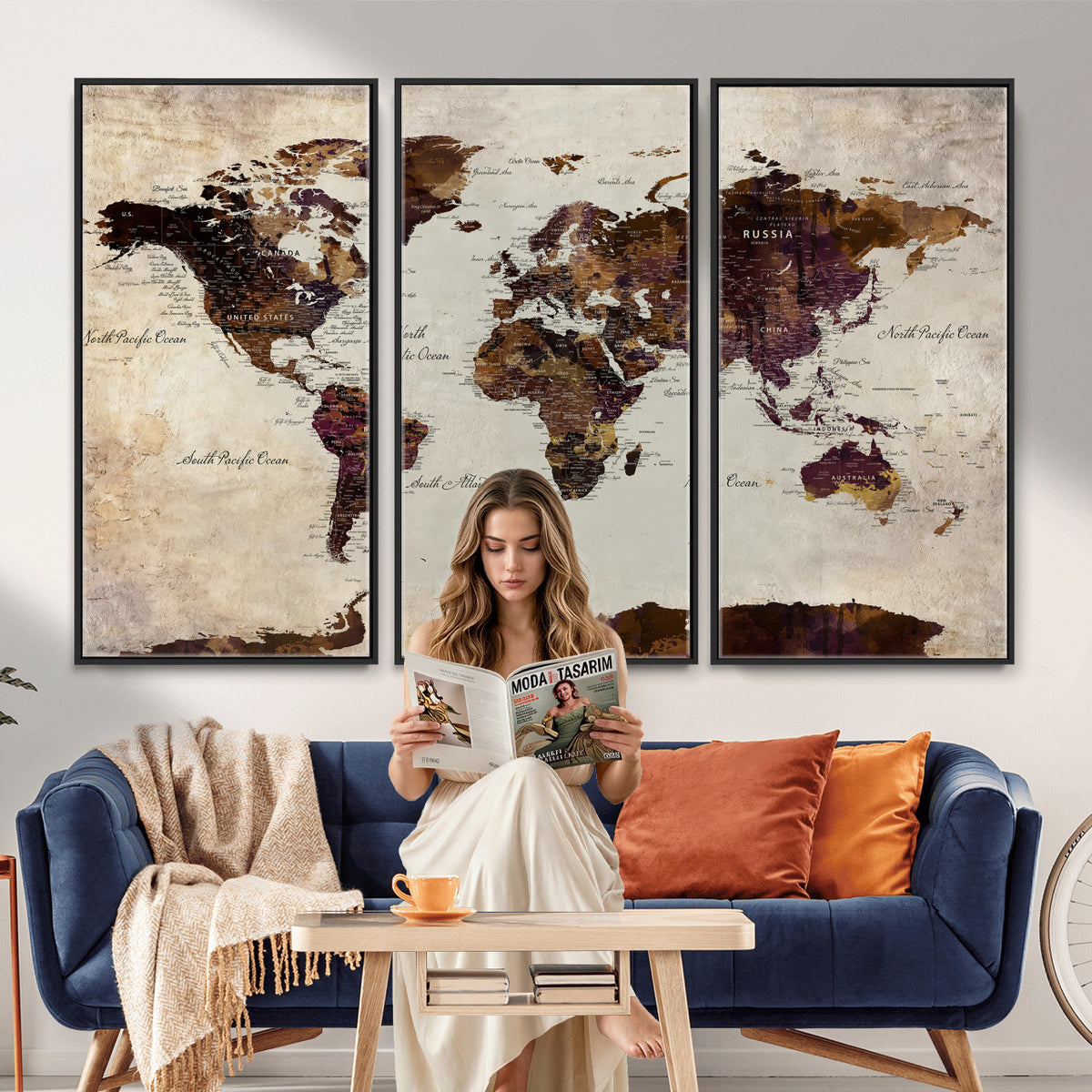 50611123-MGV-CV-36X24 - World Map Canvas Triptych | Colorful Global Wall Art for Living Rooms