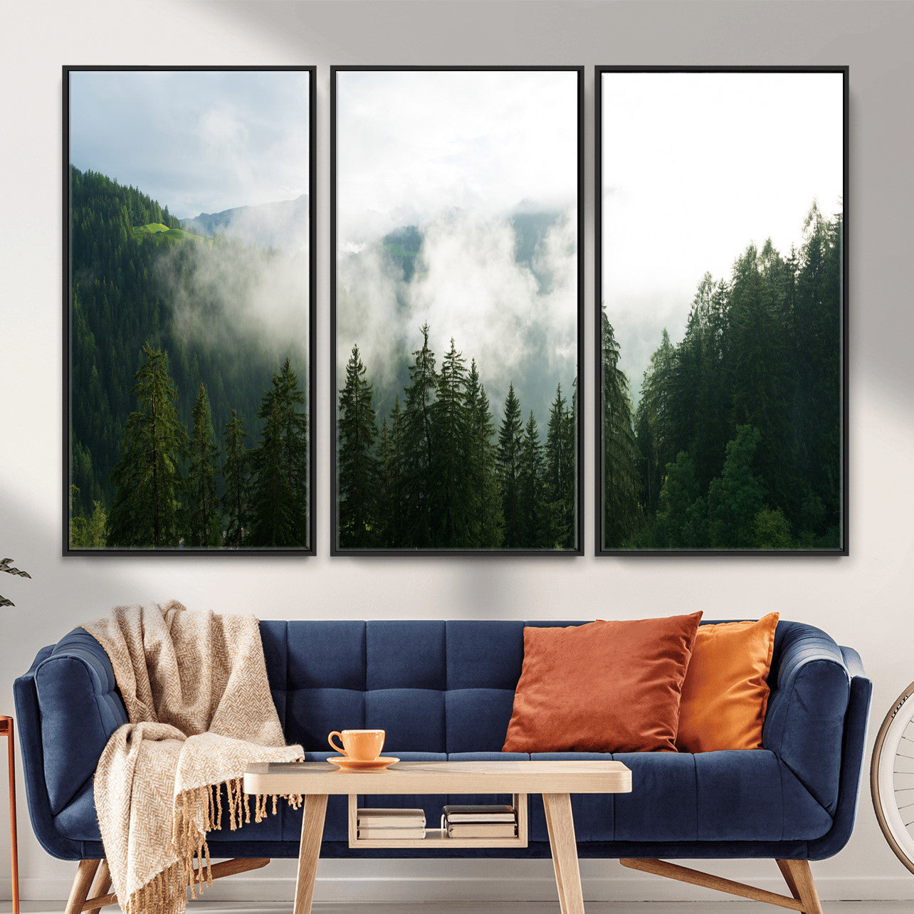 67174129-MGV-CV-36X24 - Misty Mountain Forest Canvas Print, Foggy Pine Trees Nature Wall Art, Framed Canvas Ready to Hang