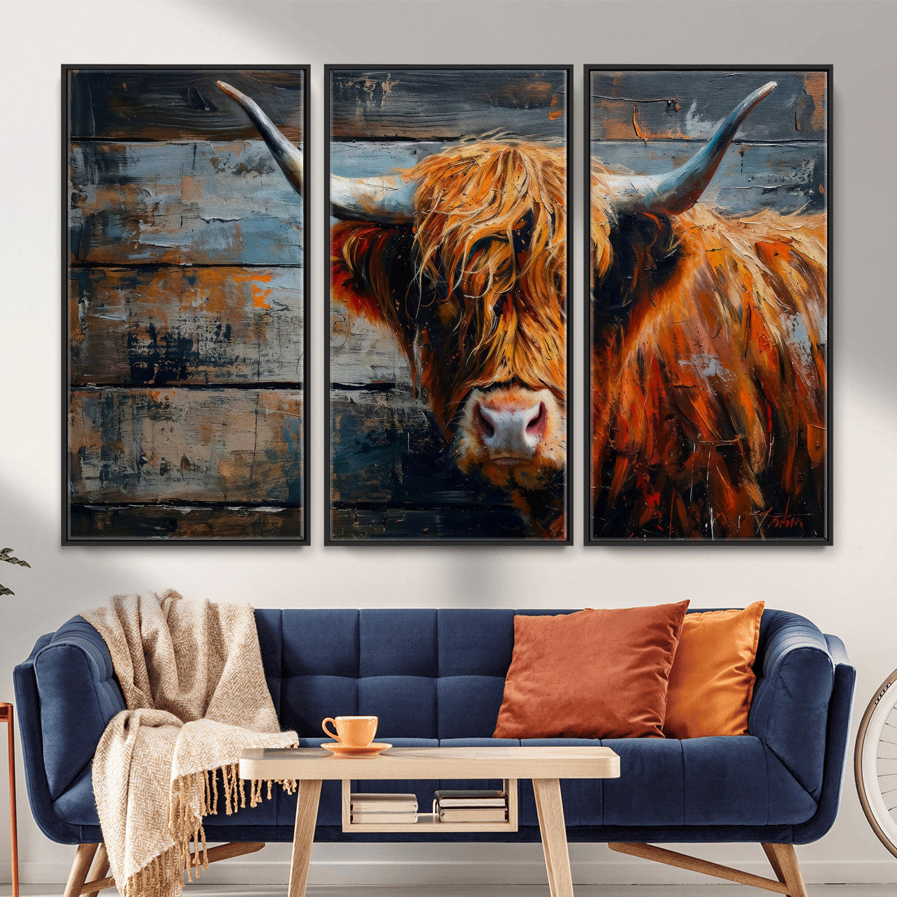 90271423-MGV-CV-36X24 - Highland Cow Wall Art Canvas Print, Abstract Rustic Farm Animal Wall Art Print, Framed Wall Art Ready to Hang