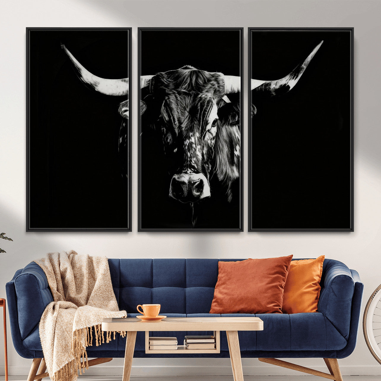 21436434-MGV-CV-36X24 - Black Bull Wall Art Canvas Print, Dark Longhorn Portrait Photography, Framed Wall Art Ready to Hang