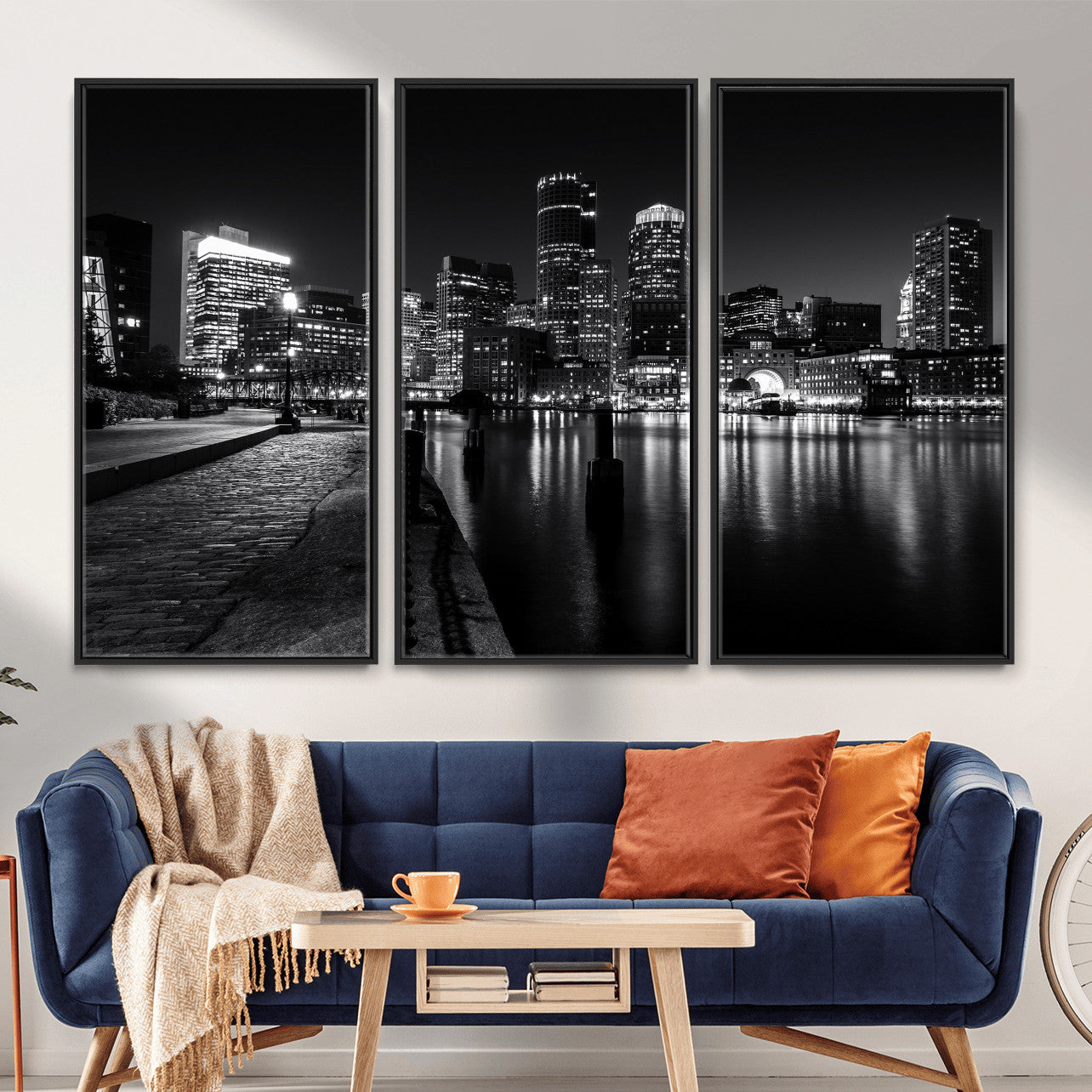 53082656-MGV-CV-36X24 - Boston Wall Art Canvas Print, Boston City Downtown Night Cityscape Print for Modern Urban Wall Decor