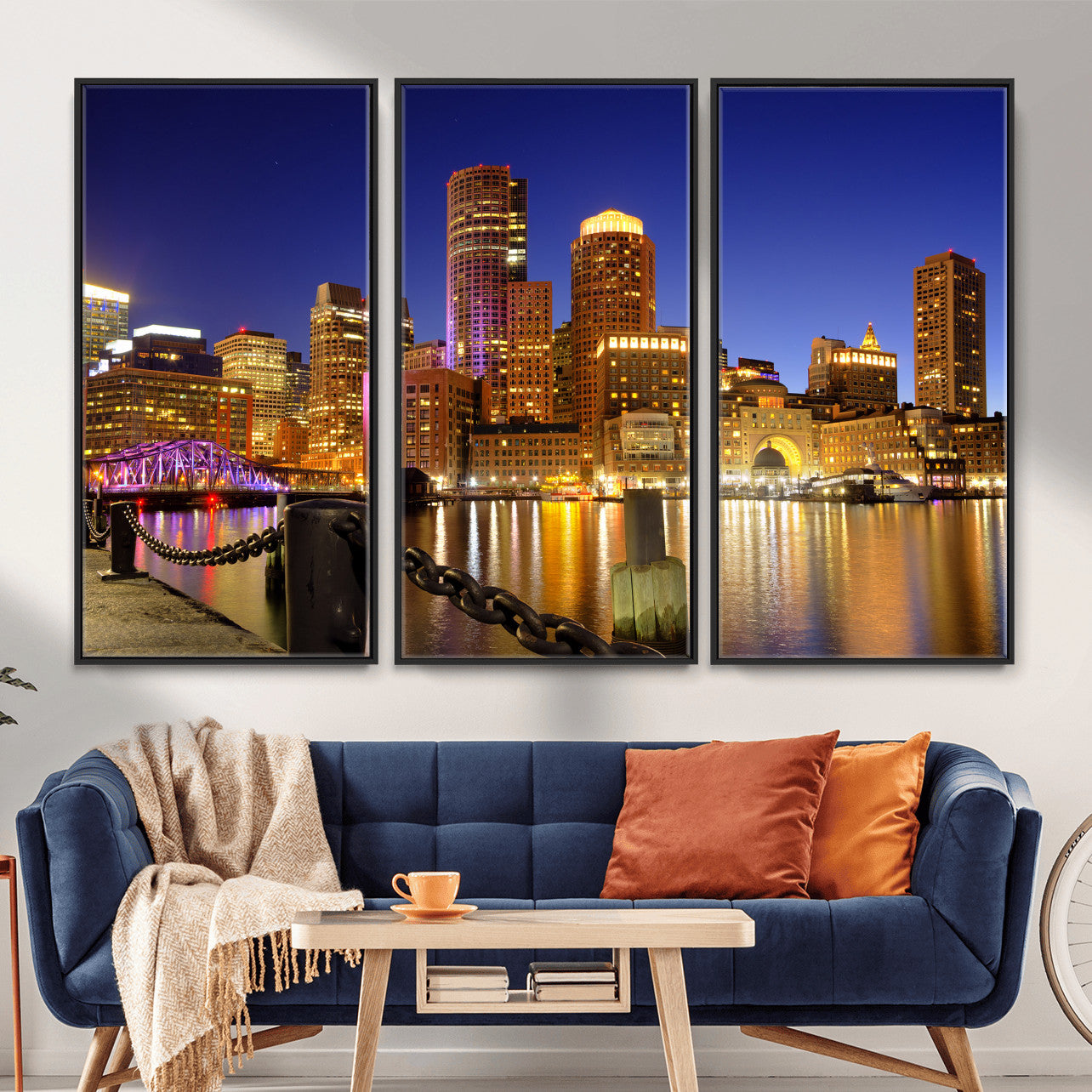 56611117-MGV-CV-36X24 - Boston Wall Art Canvas Print, Boston City Downtown Night Cityscape Print for Modern Urban Wall Decor