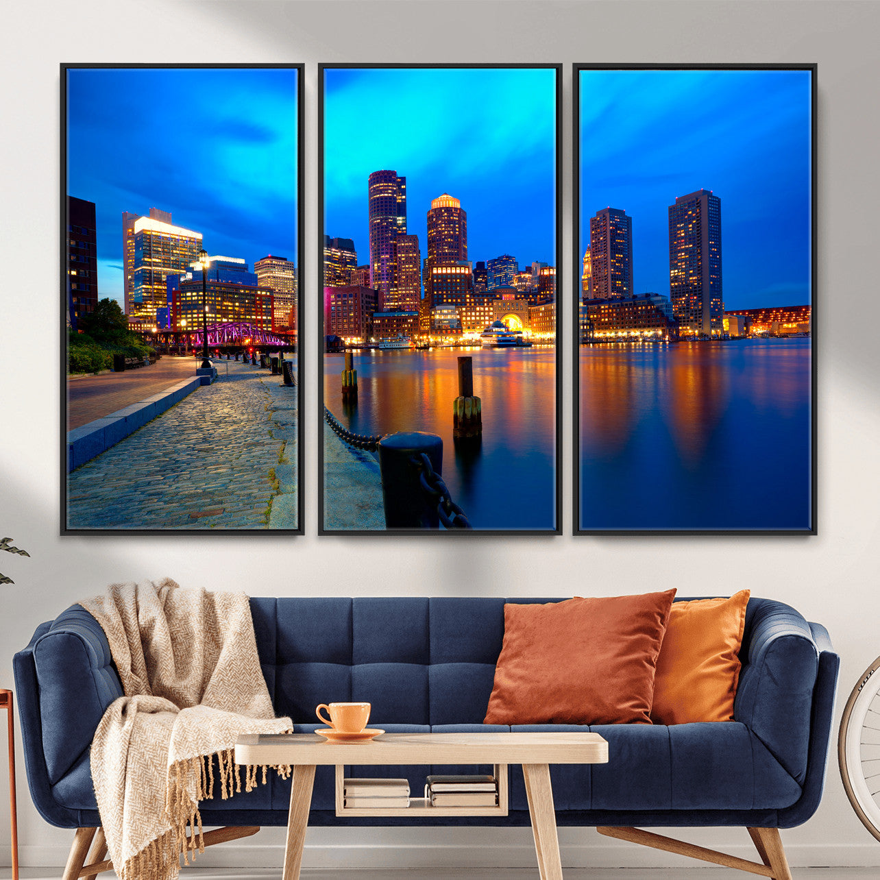 69619565-MGV-CV-36X24 - Boston Wall Art Canvas Print, Boston City Downtown Night Cityscape Print for Modern Urban Wall Decor