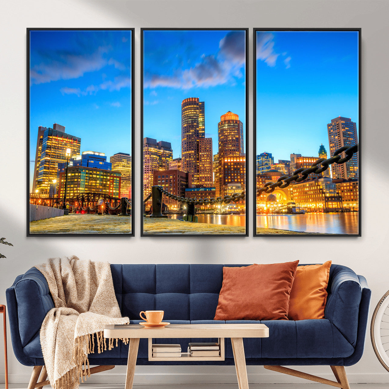 46736409-MGV-CV-36X24 - Boston Wall Art Canvas Print, Boston City Downtown Night Cityscape Print for Modern Urban Wall Decor
