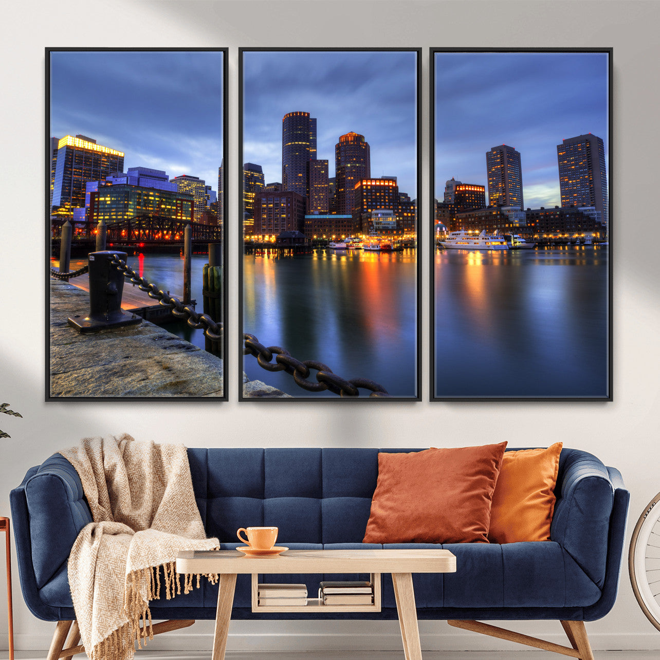 82439622-MGV-CV-36X24 - Boston Wall Art Canvas Print, Boston City Downtown Night Cityscape Print for Modern Urban Wall Decor