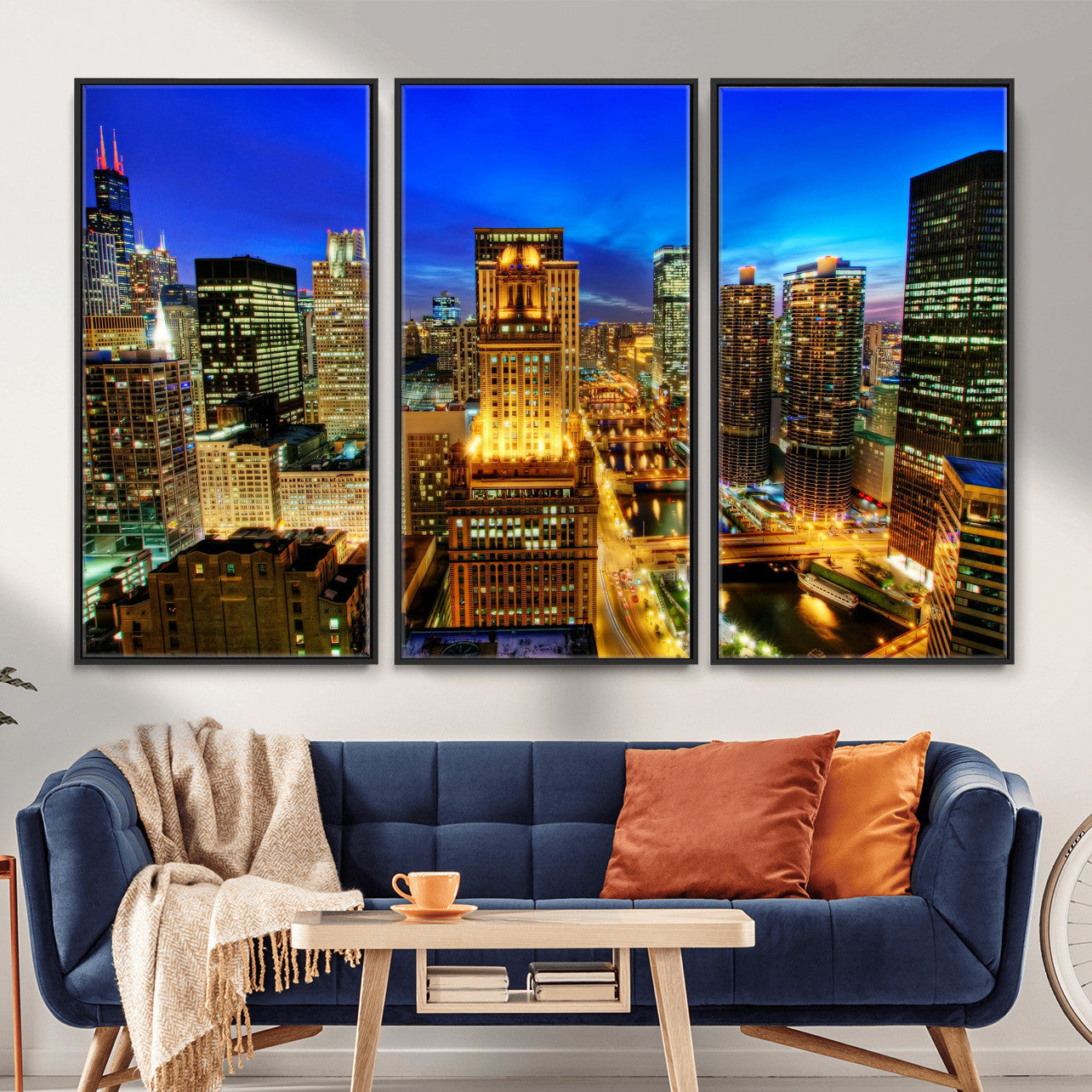 46298885-MGV-CV-36X24 - Chicago Wall Art Canvas Print, Chicago City Downtown Night Cityscape Print for Modern Urban Wall Decor