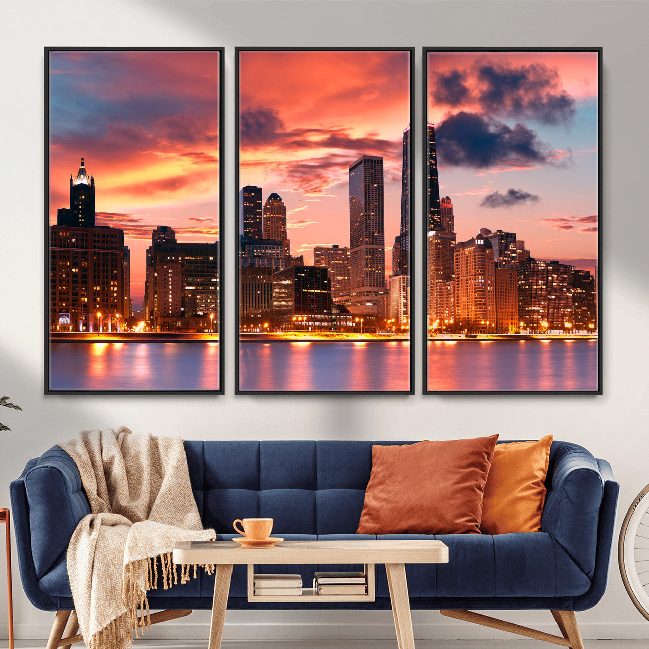80390109-MGV-CV-36X24 - Chicago Wall Art Canvas Print, Chicago City Downtown Night Cityscape Print for Modern Urban Wall Decor