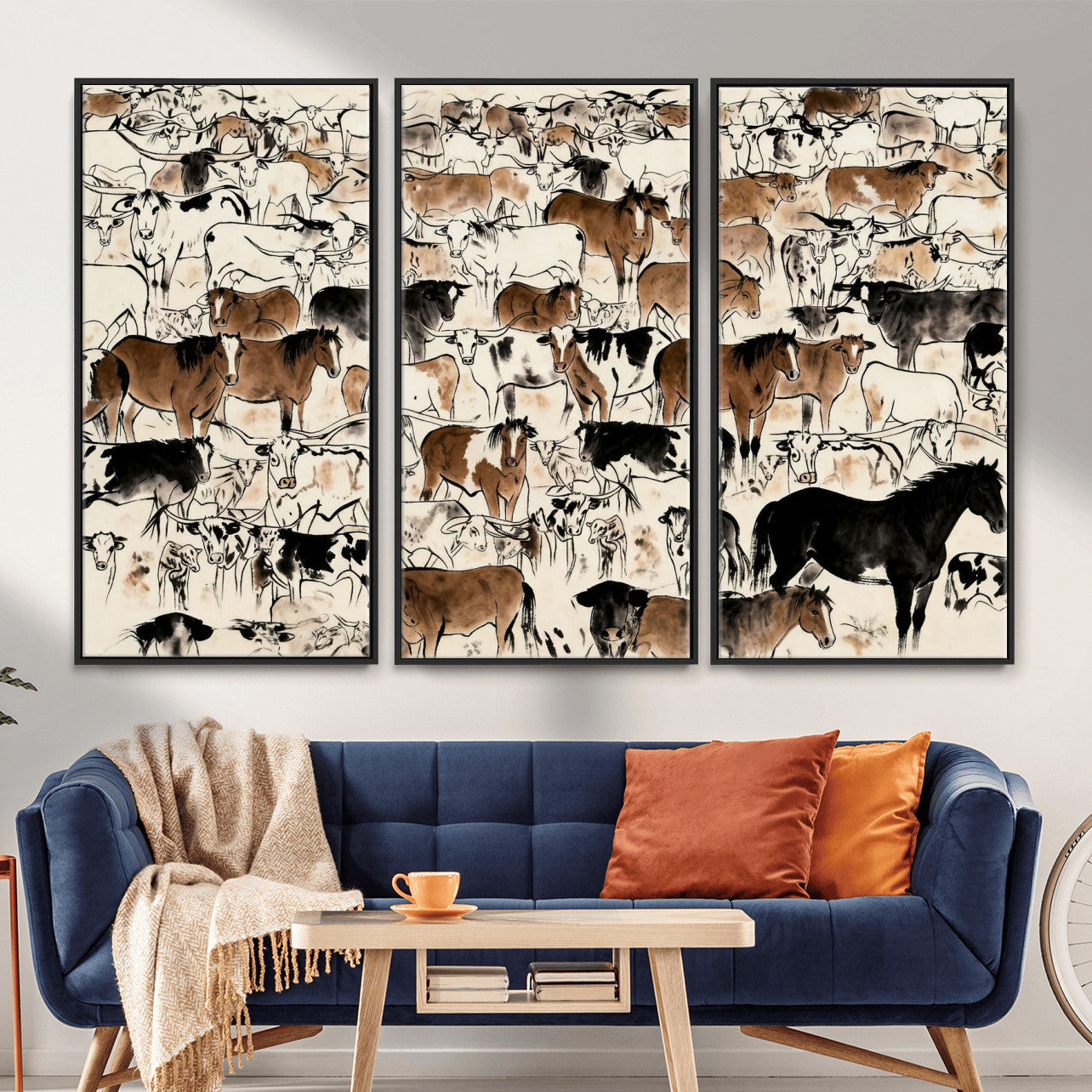 86150485-MGV-CV-36X24 - Farmhouse Animals Wall Art Canvas Print - Abstract Farm Animal Drawing Mid-Century Wall Art for Cabin Decor