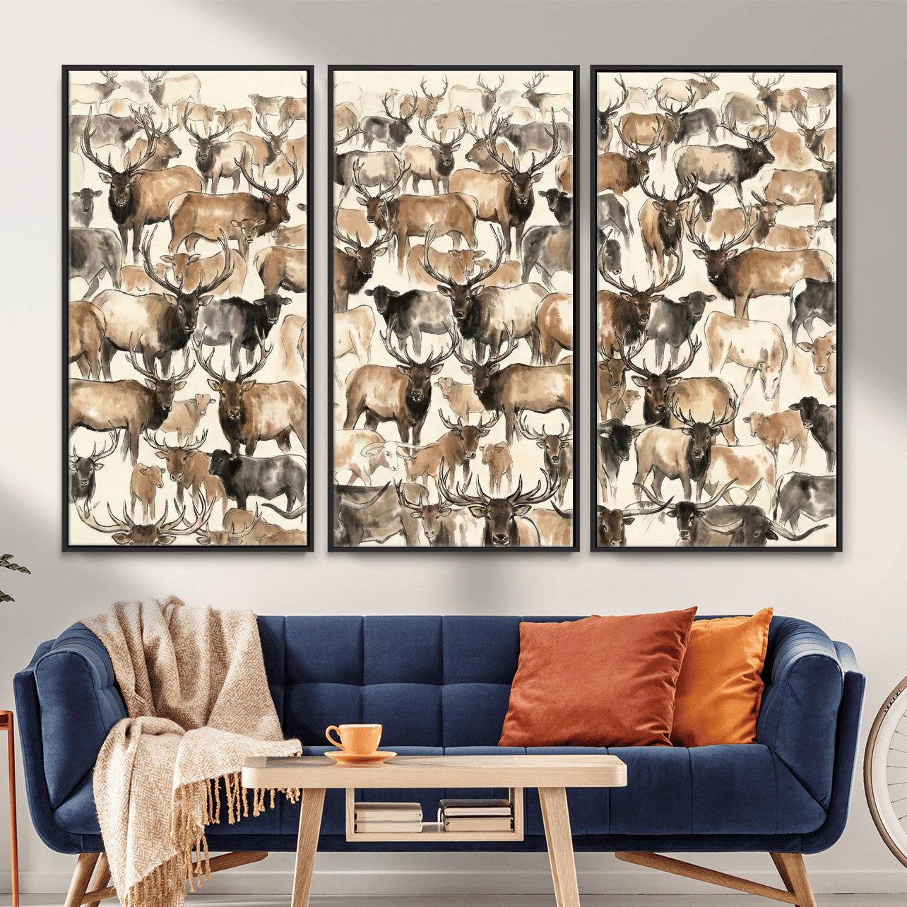 24374881-MGV-CV-36X24 - Farmhouse Animals Wall Art Canvas Print - Abstract Farm Animal Drawing Mid-Century Wall Art for Cabin Decor