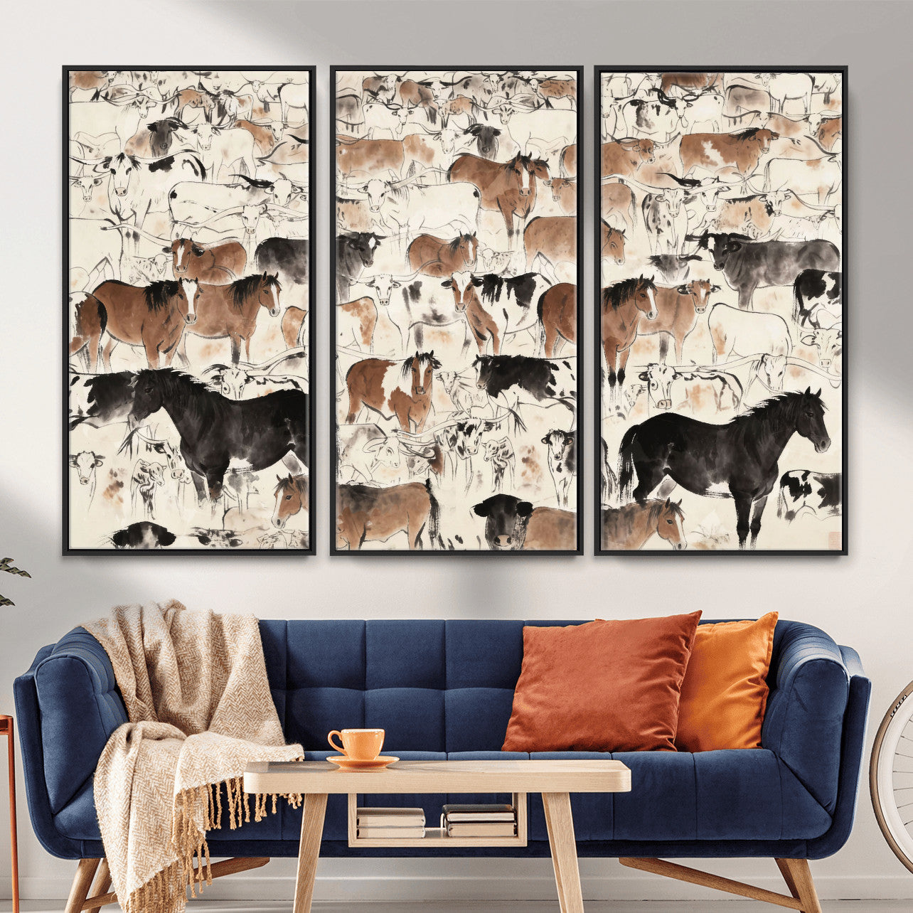 74171578-MGV-CV-36X24 - Farmhouse Animals Wall Art Canvas Print - Abstract Farm Animal Drawing Mid-Century Wall Art for Cabin Decor