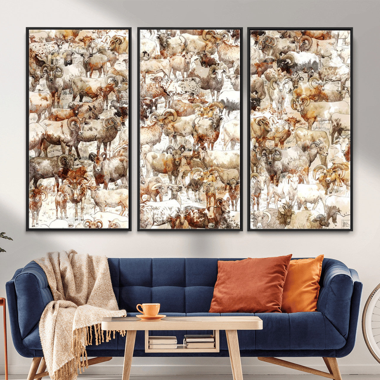 95103864-MGV-CV-36X24 - Farmhouse Animals Wall Art Canvas Print - Abstract Farm Animal Drawing Mid-Century Wall Art for Cabin Decor