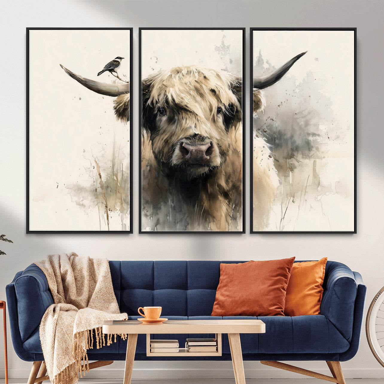 98249290-MGV-CV-36X24 - Abstract Highland Cow Watercolor Animal Wall Art Canvas Print, Rustic Farm Cattle Portrait Canvas Print, Neutral Wildlife Farmhouse Art Printing