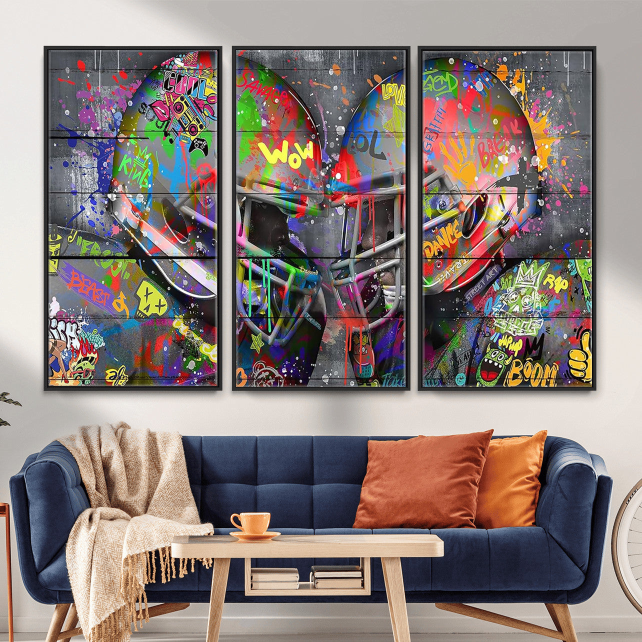 15309853-MGV-CV-36X24 - Graffiti Football Helmets Wall Art Canvas Print, Urban Street Art Sports Decor, Colorful American Football Graffiti Artwork