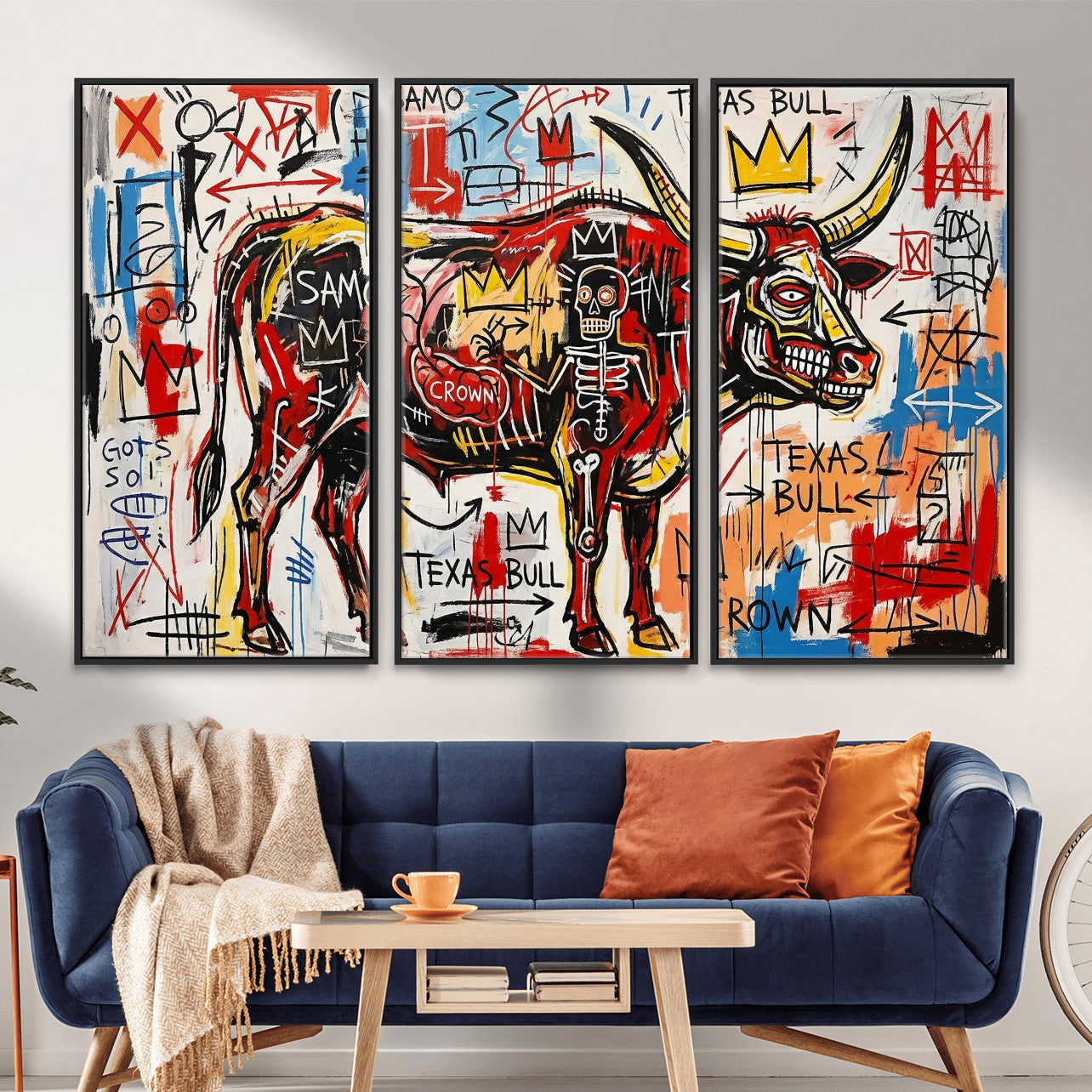 89504579-MGV-CV-36X24 - TITLE: Texas Bull Wall Art Canvas Print, Abstract Graffiti Bull Painting, Western Animal Art, Modern Ranch Decor