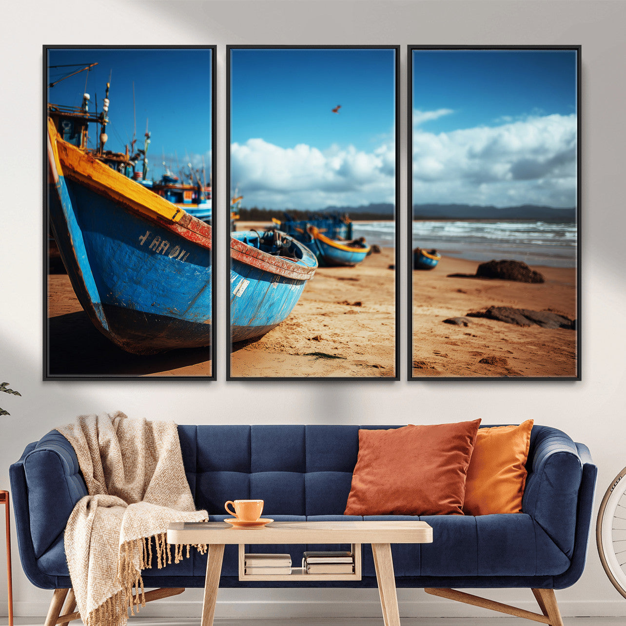 70925201-MGV-CV-36X24 - Fishing Boats Wall Art Canvas Print, Coastal Boat Beach Scene, Nautical Seaside Artwork, Ocean Shore Decor, Coastal Home Wall Art
