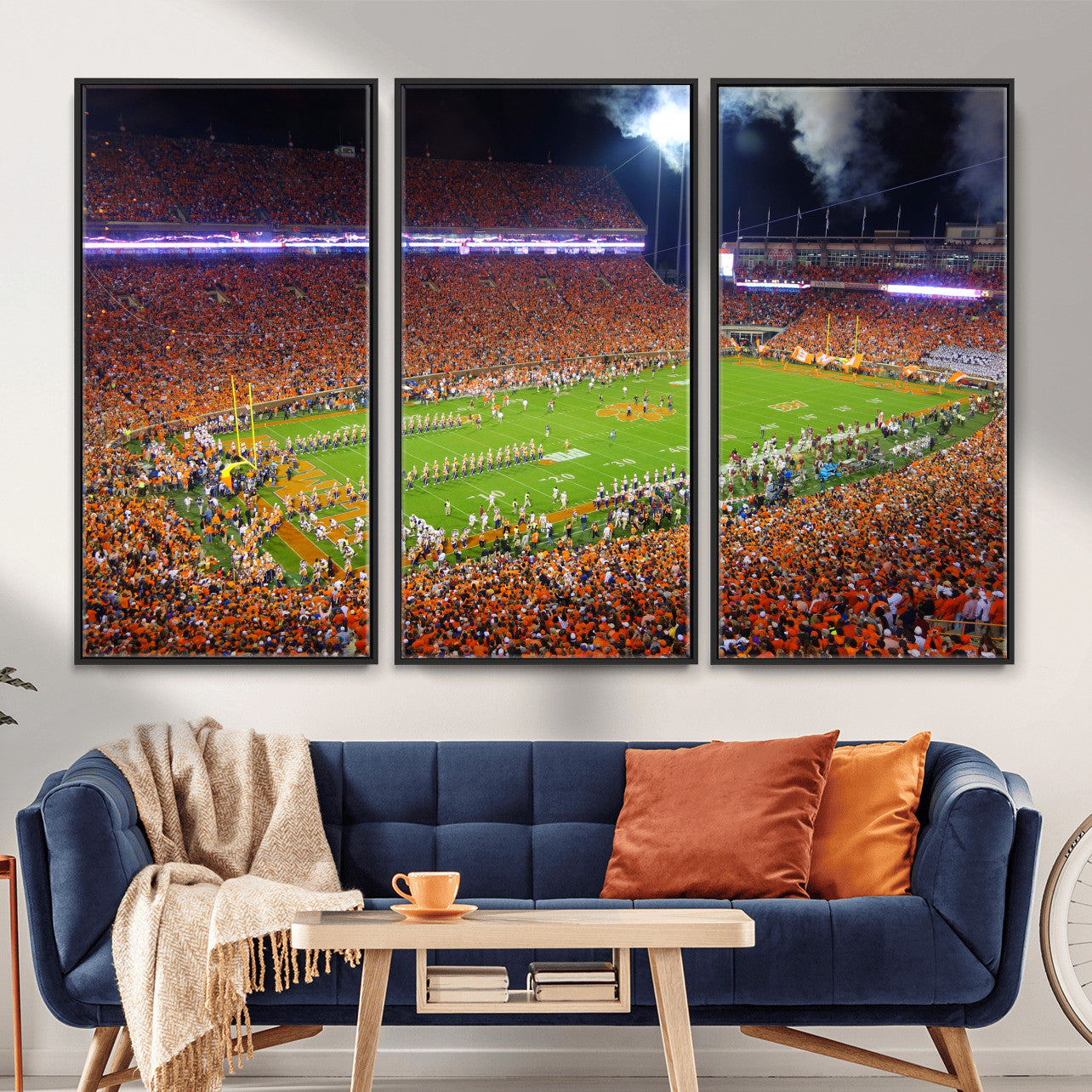 43662631-MGV-CV-36X24 - Clemson Football Stadium Wall Art Canvas Print, College Football Crowd Night Game Scene, Orange Stadium Panorama Wall Decor