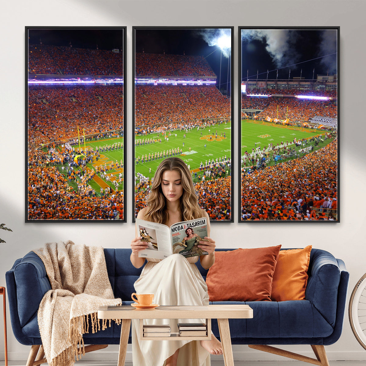 43662631-MGV-CV-36X24 - Clemson Football Stadium Wall Art Canvas Print, College Football Crowd Night Game Scene, Orange Stadium Panorama Wall Decor