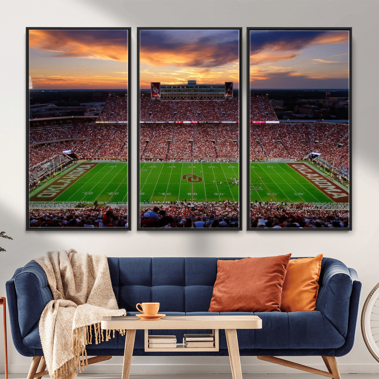 51457497-MGV-CV-36X24 - Oklahoma Sooners Stadium Wall Art Canvas Print, College Football Sunset Game Scene, OU Football Field Panorama Wall Decor