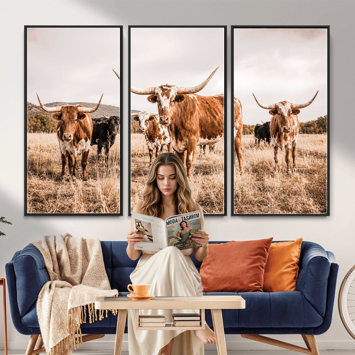 27539727-MGV-CV-36X24 - Texas Longhorn Cattle Wall Art Canvas Print, Sepia Western Decor