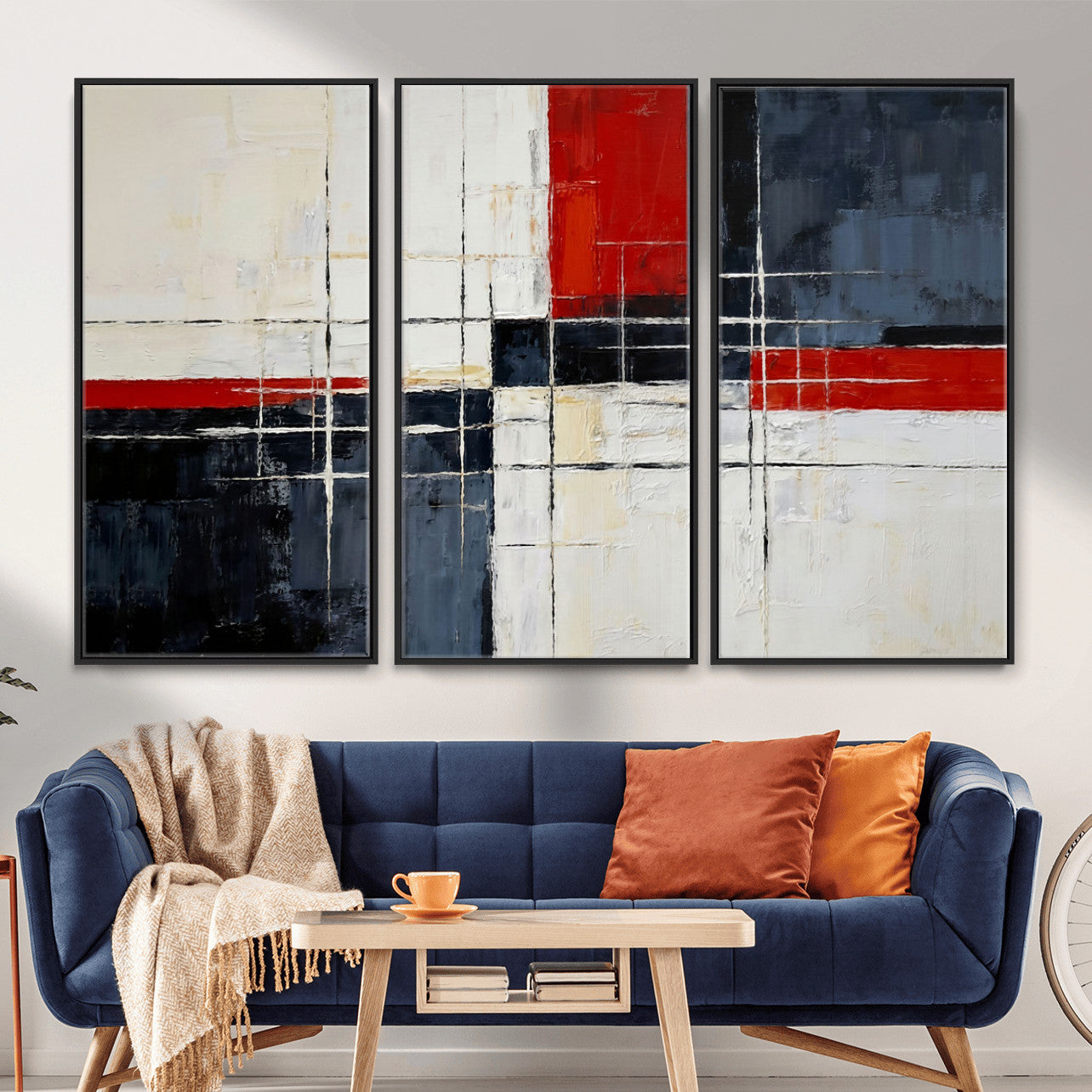 44088165-MGV-CV-36X24 - Navy Red Abstract Wall Art Canvas Print, Modern Luxury Geometric Painting Wall Decor for Living Room and Office