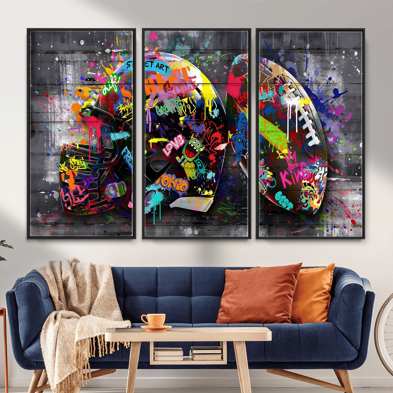 80540773-MGV-CV-36X24 - Graffiti American Football Helmet Street Art Wall Art Canvas Print, Urban Sports Pop Art Football Canvas Print, Colorful Graffiti Sports Contemporary Art Printing