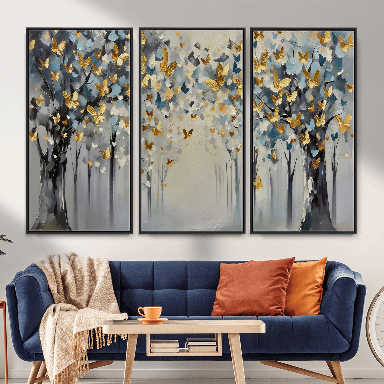 79208191-MGV-CV-36X24 - Golden Butterfly Tree Abstract Wall Art Canvas Print, Modern Elegant Nature Painting Canvas Print, Blue Gold Contemporary Floral Art Printing