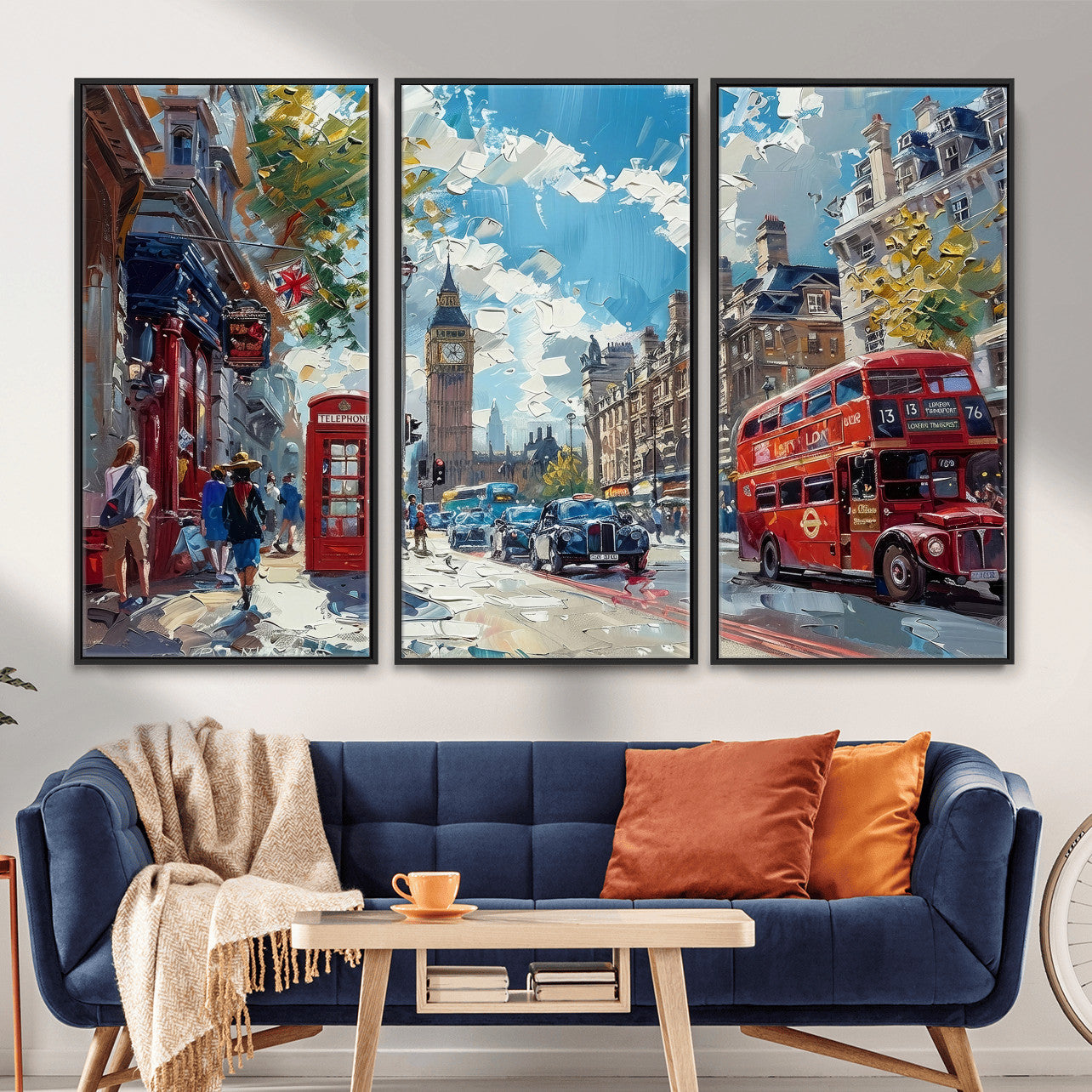 17630888-MGV-CV-36X24 - Modern London City Street Wall Art Canvas Print, Big Ben & Red Bus Artwork Canvas Print