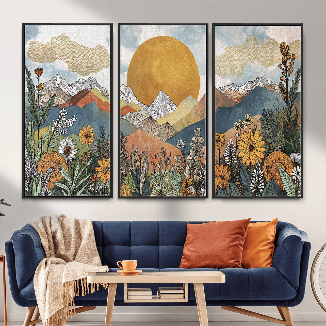 17540863-MGV-CV-36X24 - Boho Mountain Landscape Large Wall Art, Horizontal Gold Framed Canvas Print with Sun and Flowers