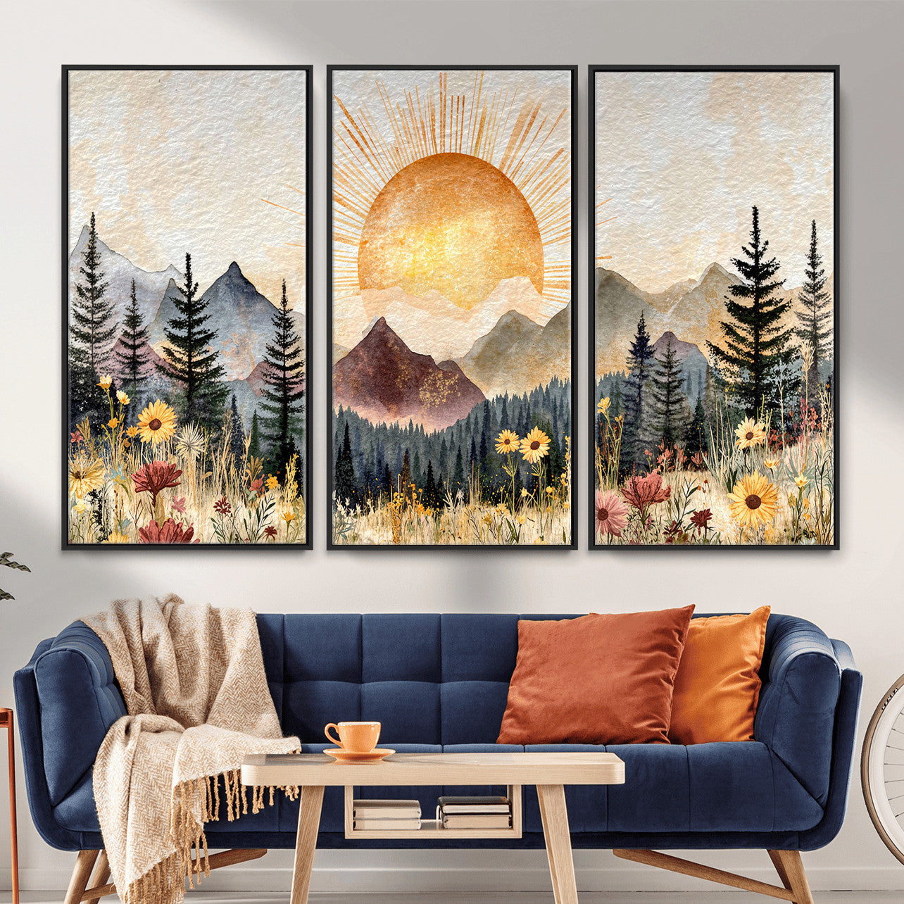 69025244-MGV-CV-36X24 - Boho Mountain Landscape Large Wall Art, Horizontal Gold Framed Canvas Print with Sun and Flowers