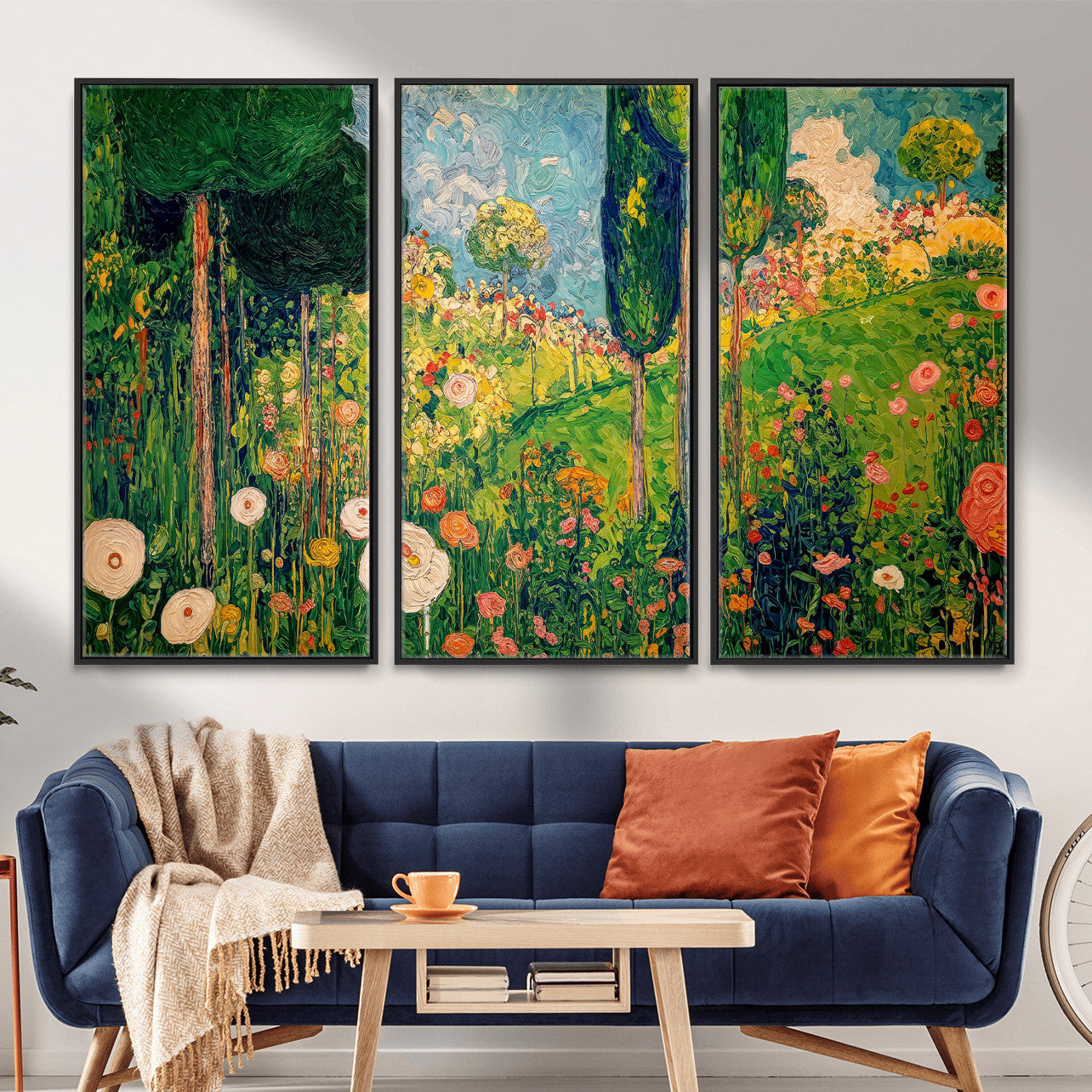 83517974-MGV-CV-36X24 - Gustav Klimt Boho Mountain Landscape Large Wall Art, Horizontal Gold Framed Canvas Print with Sun and Flowers