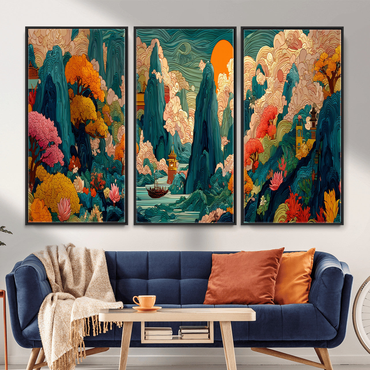 90422518-MGV-CV-48X32-3P - Colorful Japanese Landscape Print: Maximalist Panoramic Wall Art