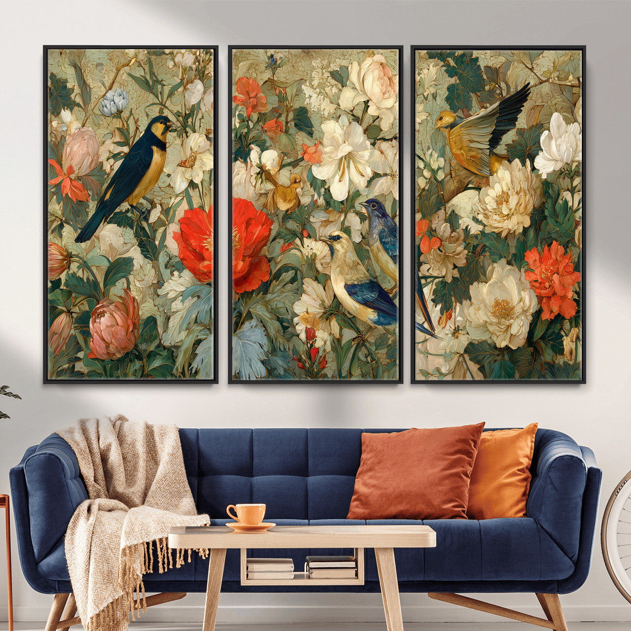 52904757-MGV-CV-36X24 - Vintage Birds and Flowers Wall Art Canvas Print, Botanical Bird Painting Canvas Print, Floral Garden Bird Artwork Canvas Print, Classic Bird Flower Painting Canvas Print