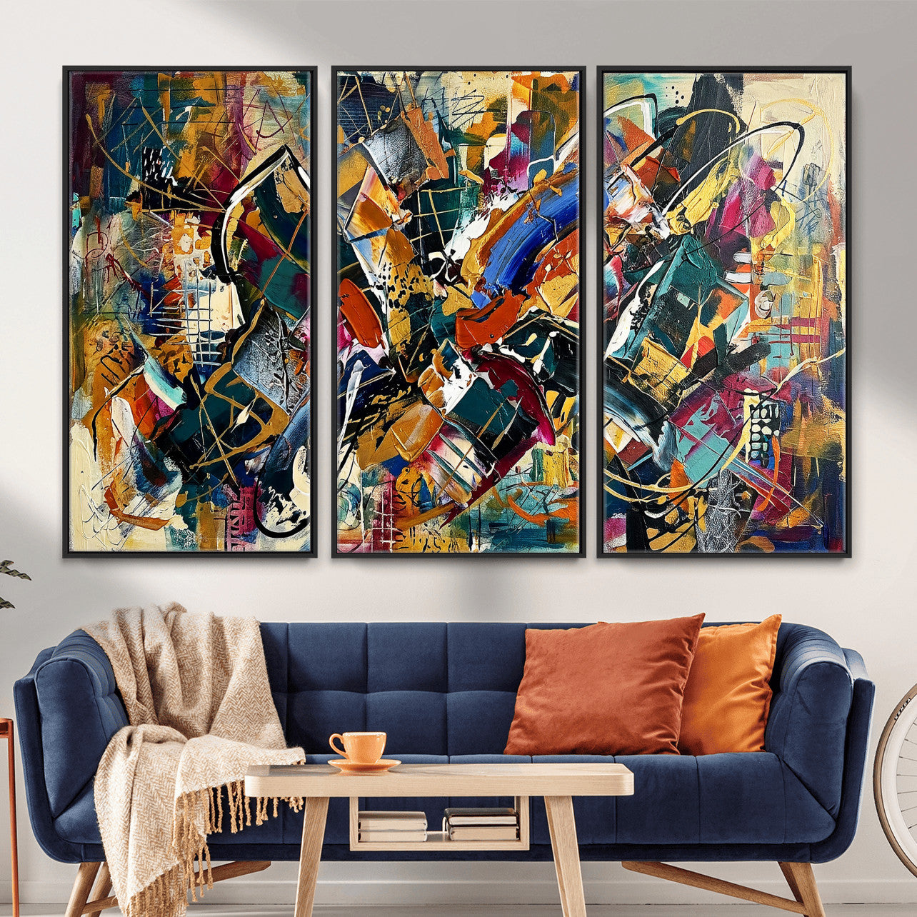 15525527-MGV-CV-36X24 - Geometric Abstract Wall Art Canvas Print, Orange Blue Abstract Expressionist Painting Print, Modern Geometric Abstract Canvas Art