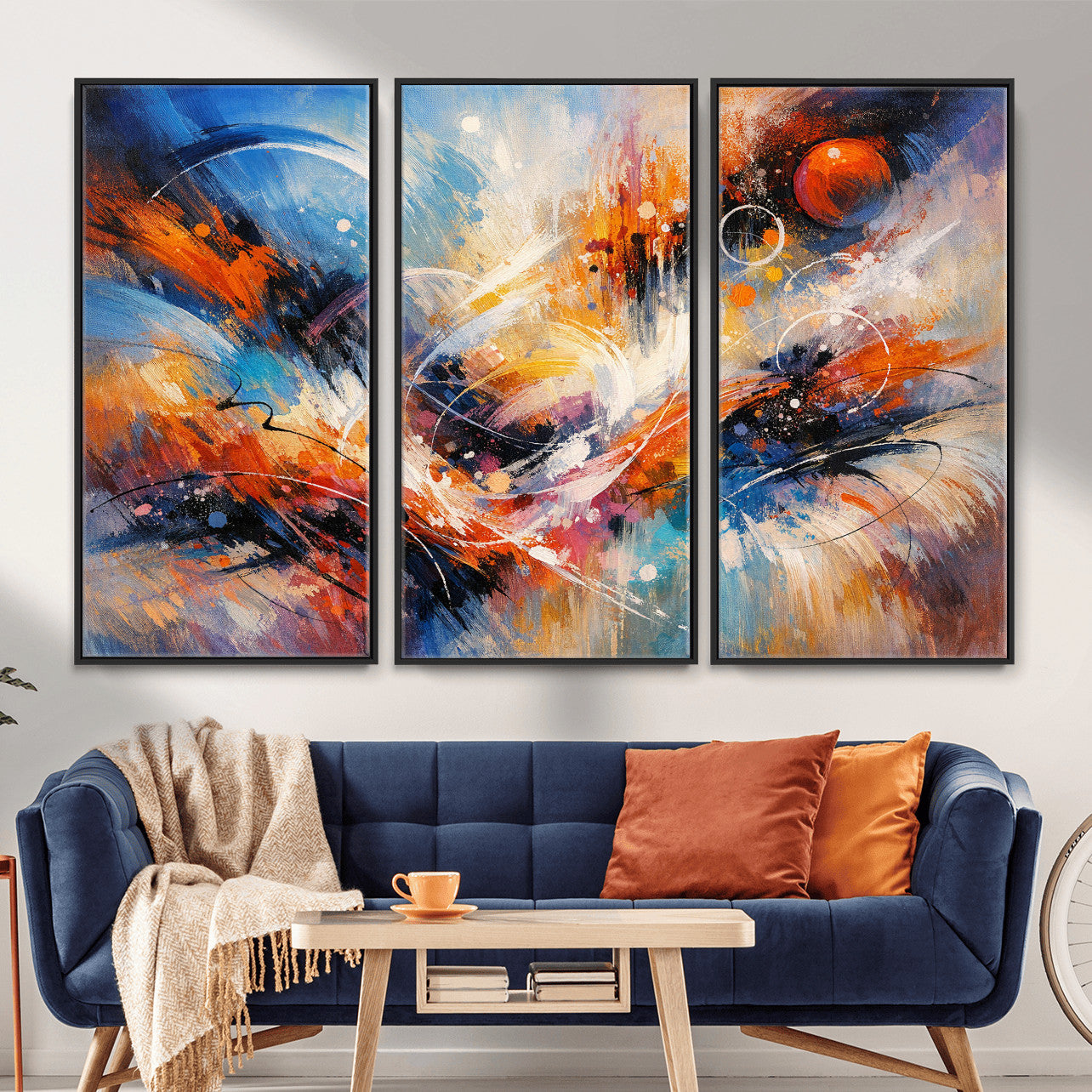 47770355-MGV-CV-36X24 - Geometric Abstract Wall Art Canvas Print, Orange Blue Abstract Expressionist Painting Print, Modern Geometric Abstract Canvas Art