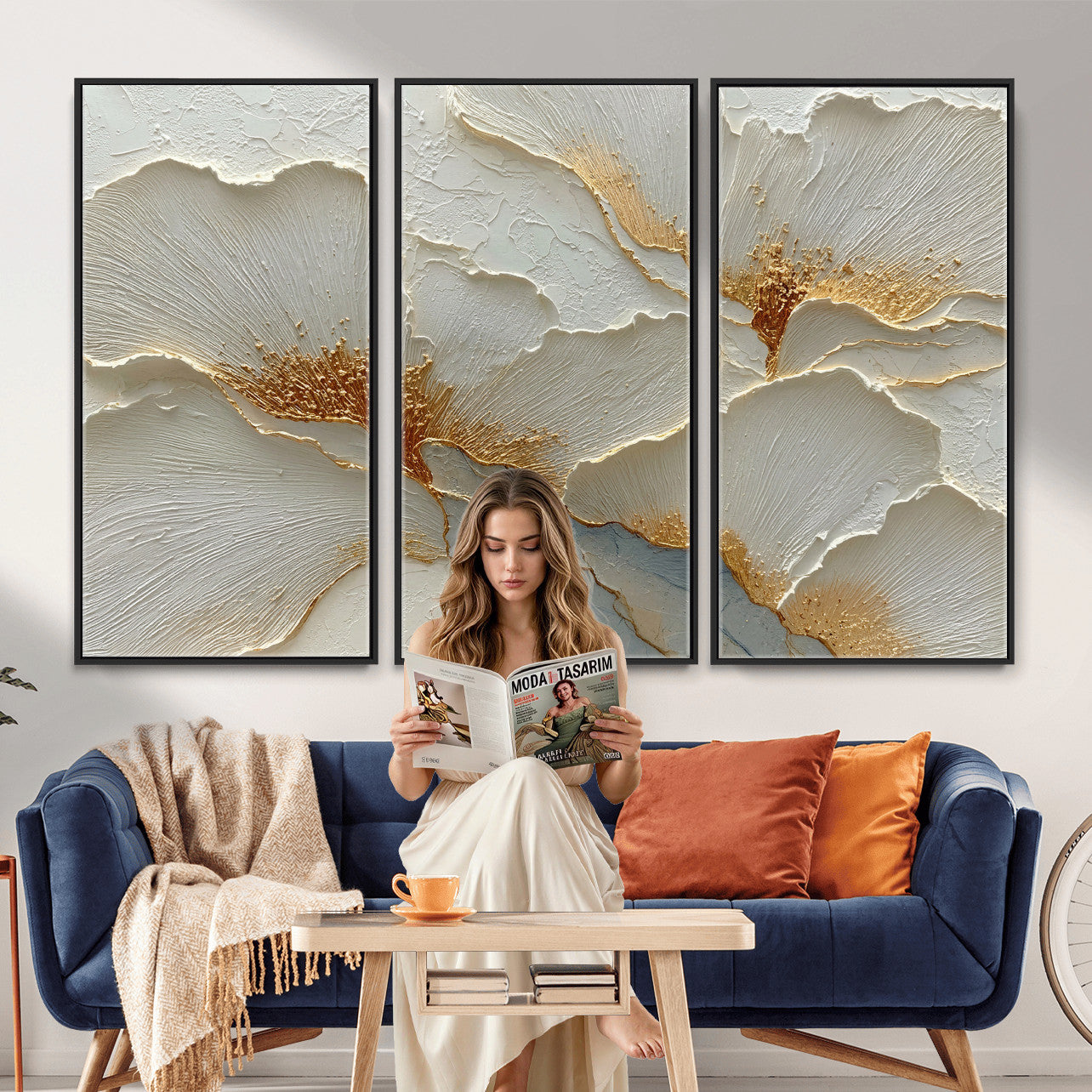 4712069F1-MGV-CV-36X24 - White Gold Floral Canvas Wall Art — Textured Flower Print | Luxury Botanical Decor | Elegant Bedroom Art | Gold Leaf Wall Art Gift