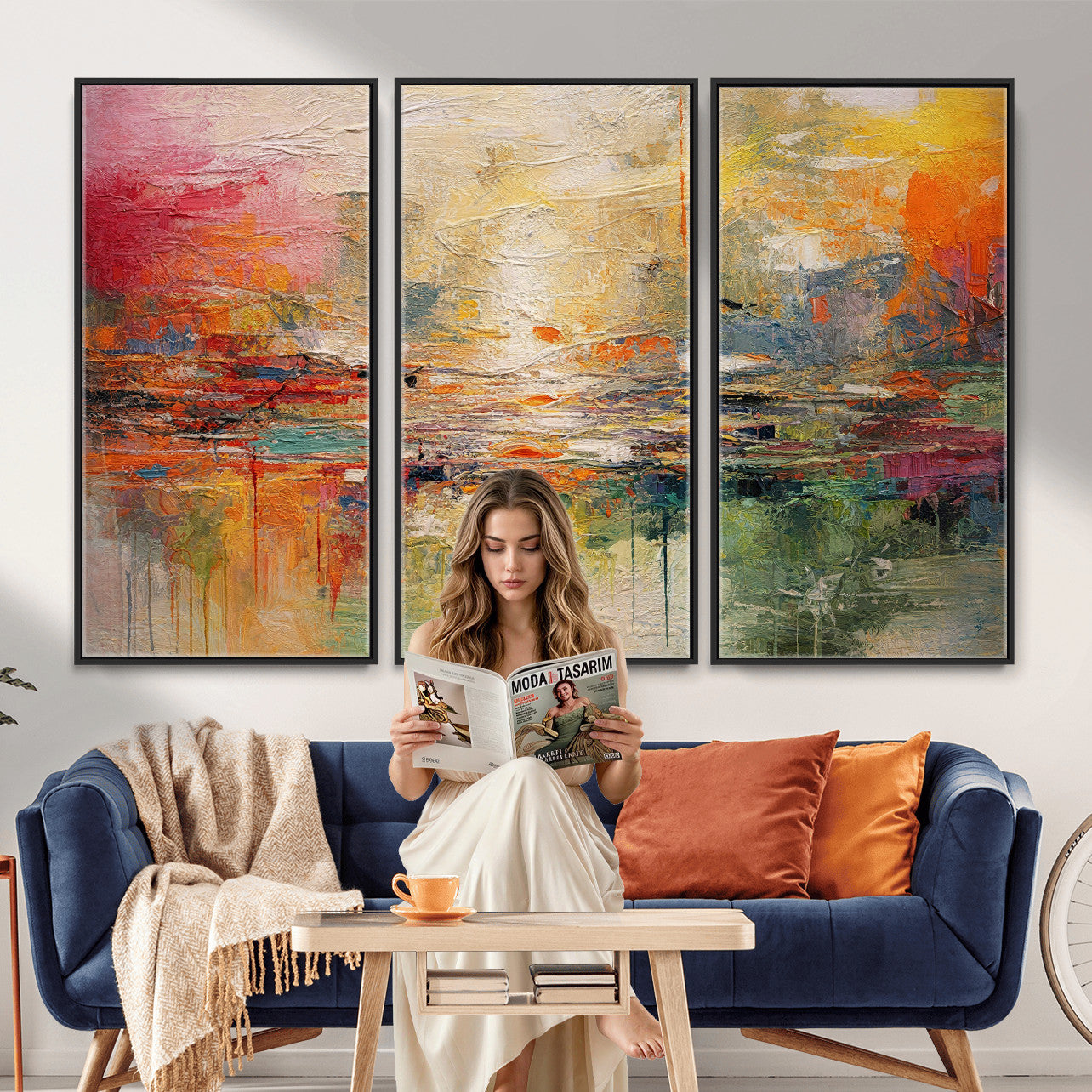 4712069P1-MGV-CV-36X24 - Colorful Abstract Canvas Wall Art — Large Textured Oil Painting Style Print | Orange Red Boho Wall Decor | Modern Living Room Art | Bold Wall Art