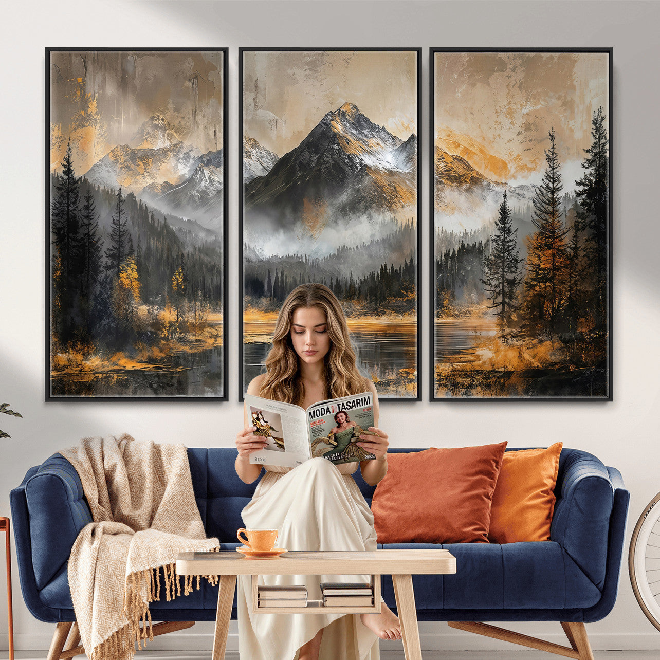 4712069D1-MGV-CV-36X24 - Mountain Lake Canvas Wall Art — Rustic Forest Landscape Print | Gold Grey Nature Decor | Cabin Wall Art | Large Wilderness Art Print Gift